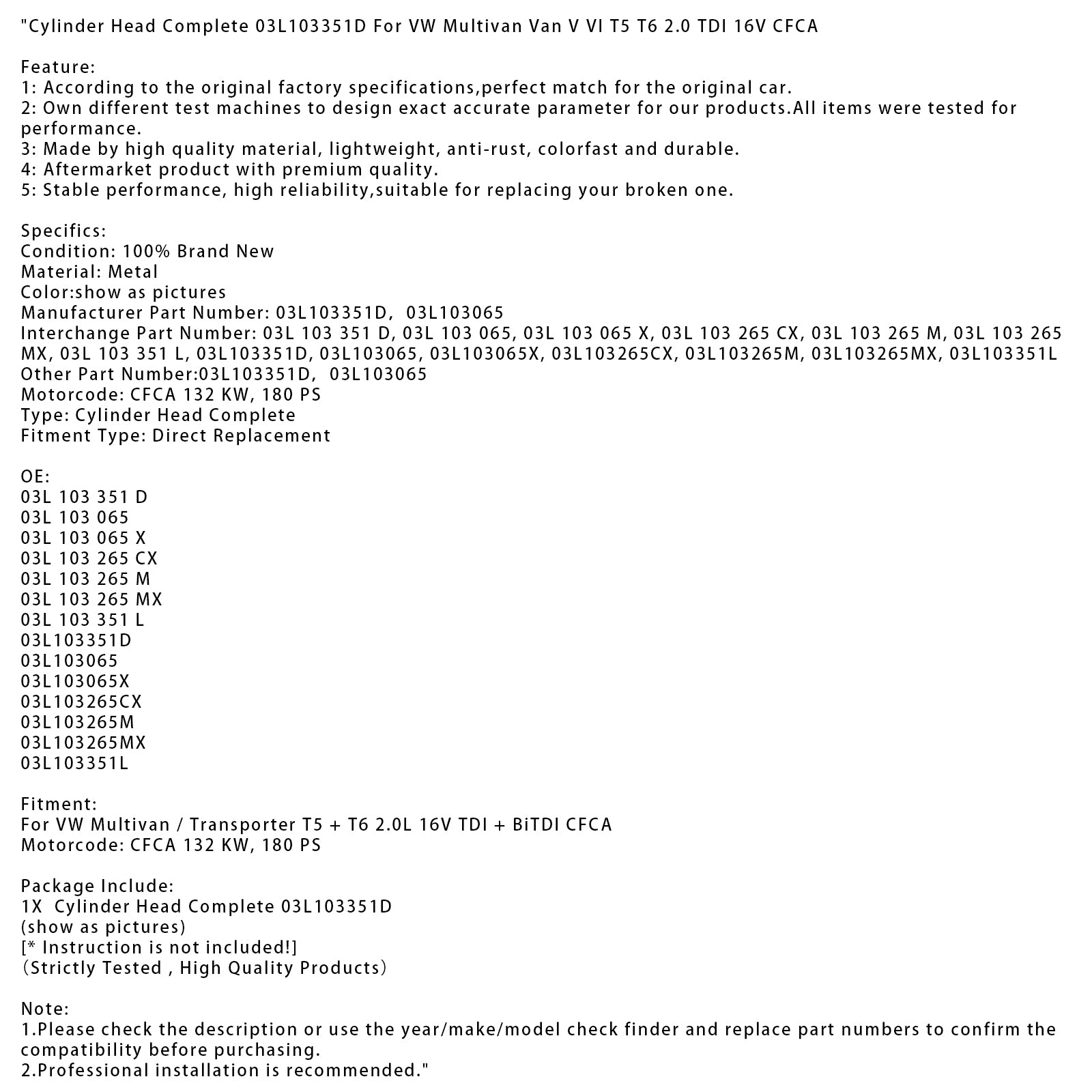 Popolna glava valja 03L103351D za VW Multivan Van V VI T5 T6 2.0 TDI 16V CFCA