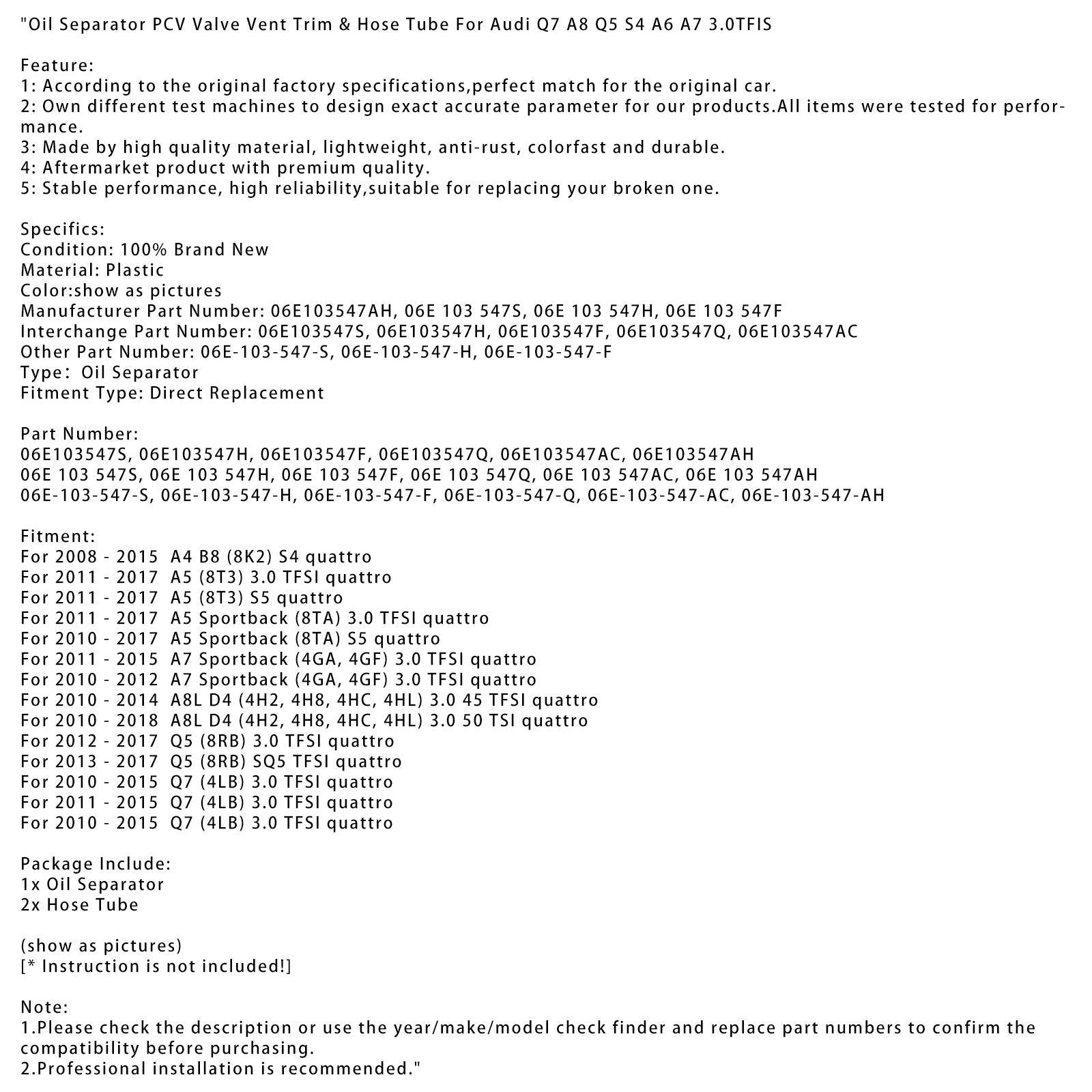2011-2015 A7 Sportback (4GA, 4GF) 3.0 TFSI quattro Separador de aceite Válvula PCV Ajuste de ventilación y tubo de manguera 06E103547S