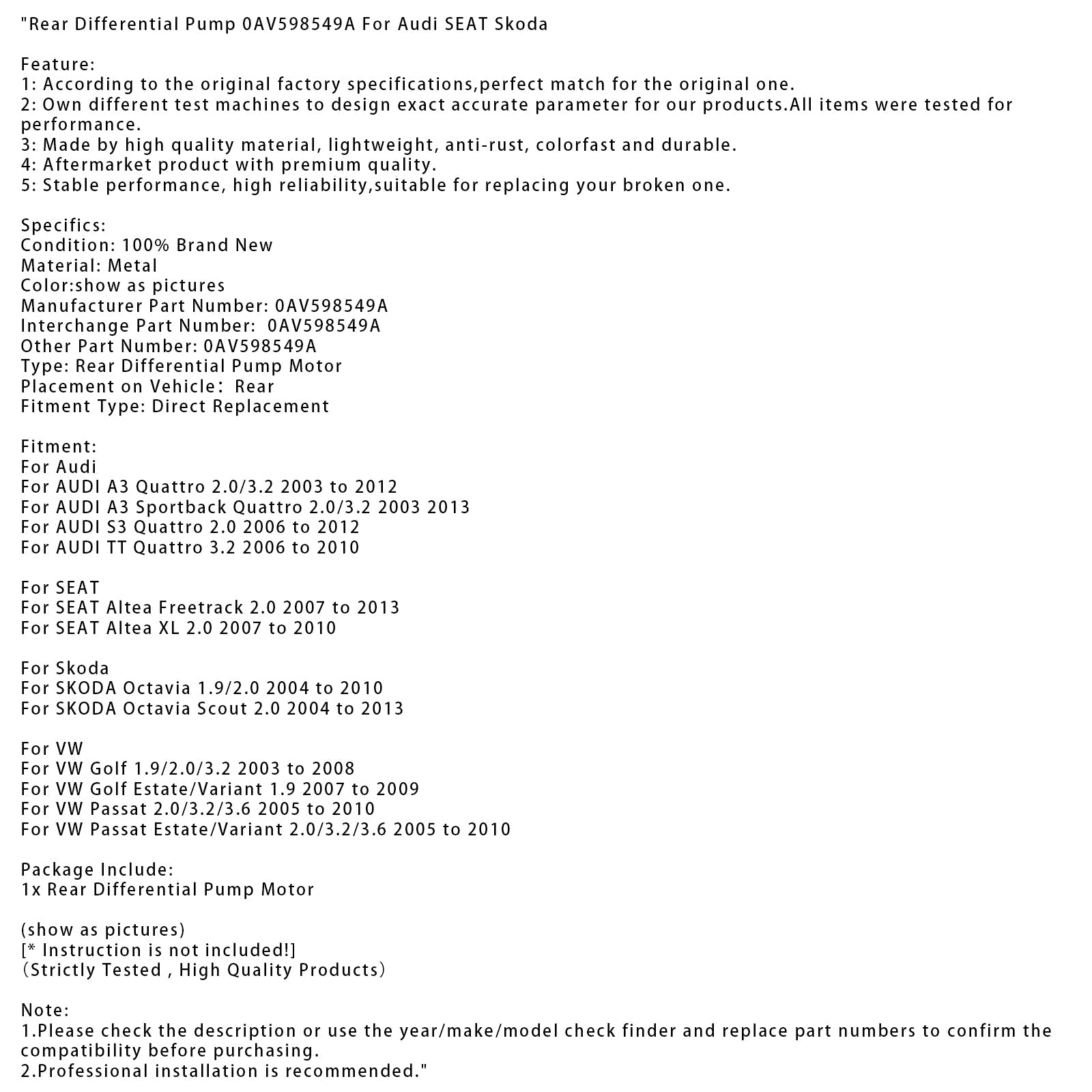 0AV598549A Taka-differentiaalipumppu Audi A3 Sportback Quattro 2.0/3.2 (2003-2013)