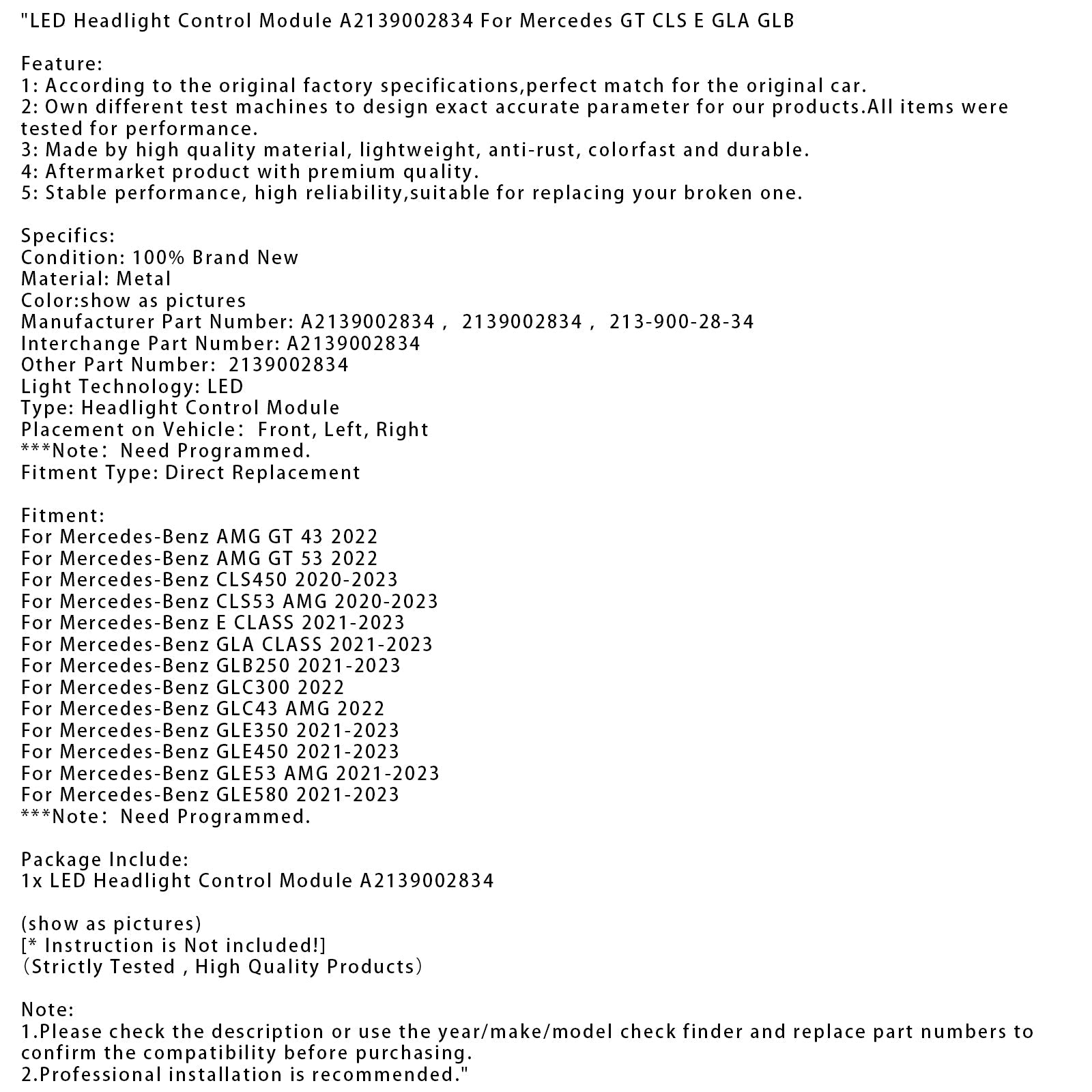 Mercedes-Benz GLA-Klasse 2021-2023 LED-koplampbedieningsmodule A2139002834