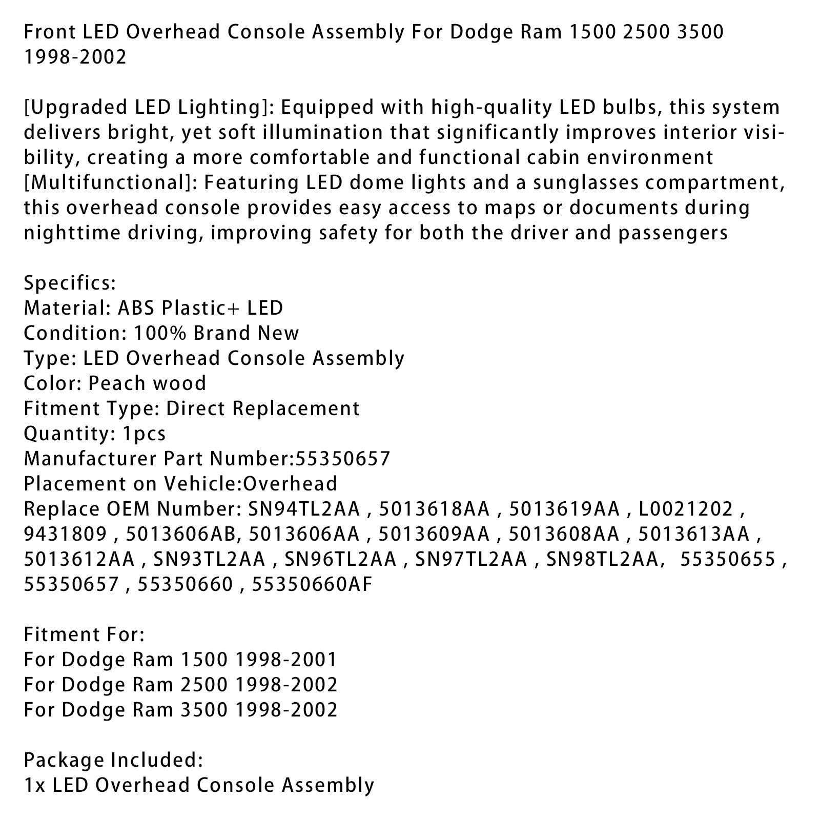 Console del padiglione anteriore in Del per Dodge Ram 1500 1998-2001, SN94TL2AA Fishing Wood 5013618AA