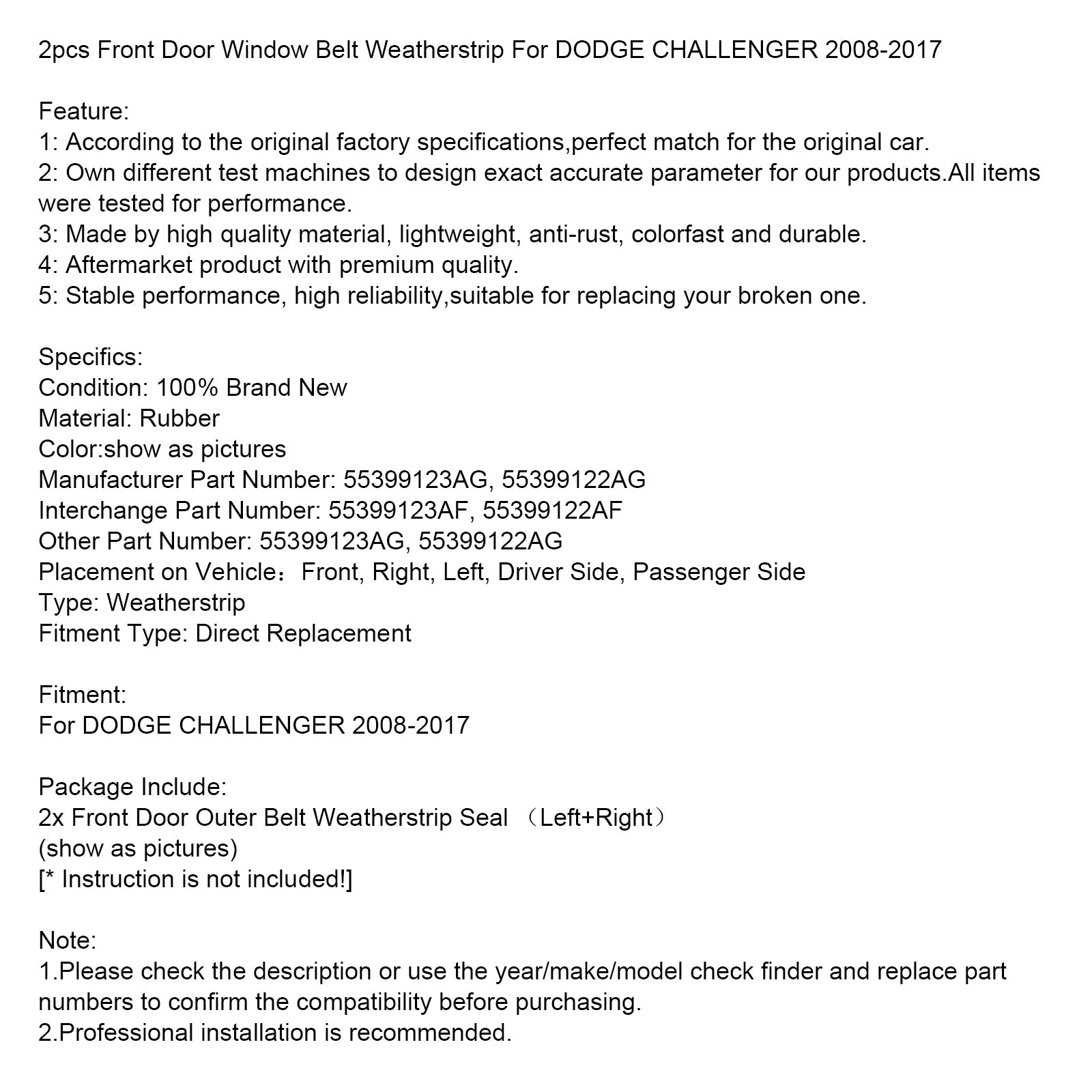 2008-2017 DODGE CHALLENGER 2 burletes para cinturón de ventana de puerta delantera