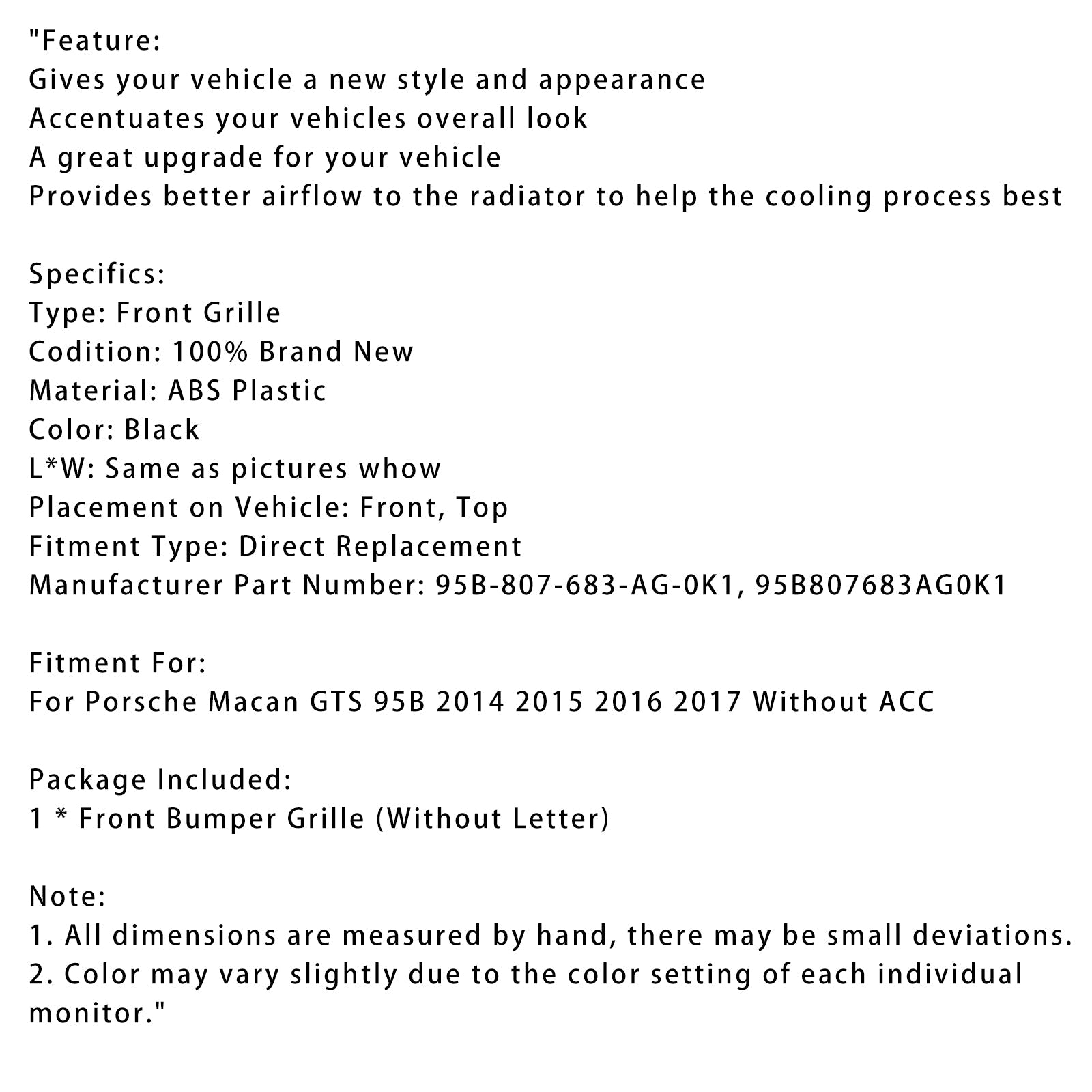 Grille de pare-chocs avant Porsche Macan GTS 95B 2014-2017 95B807683-AG-0K1