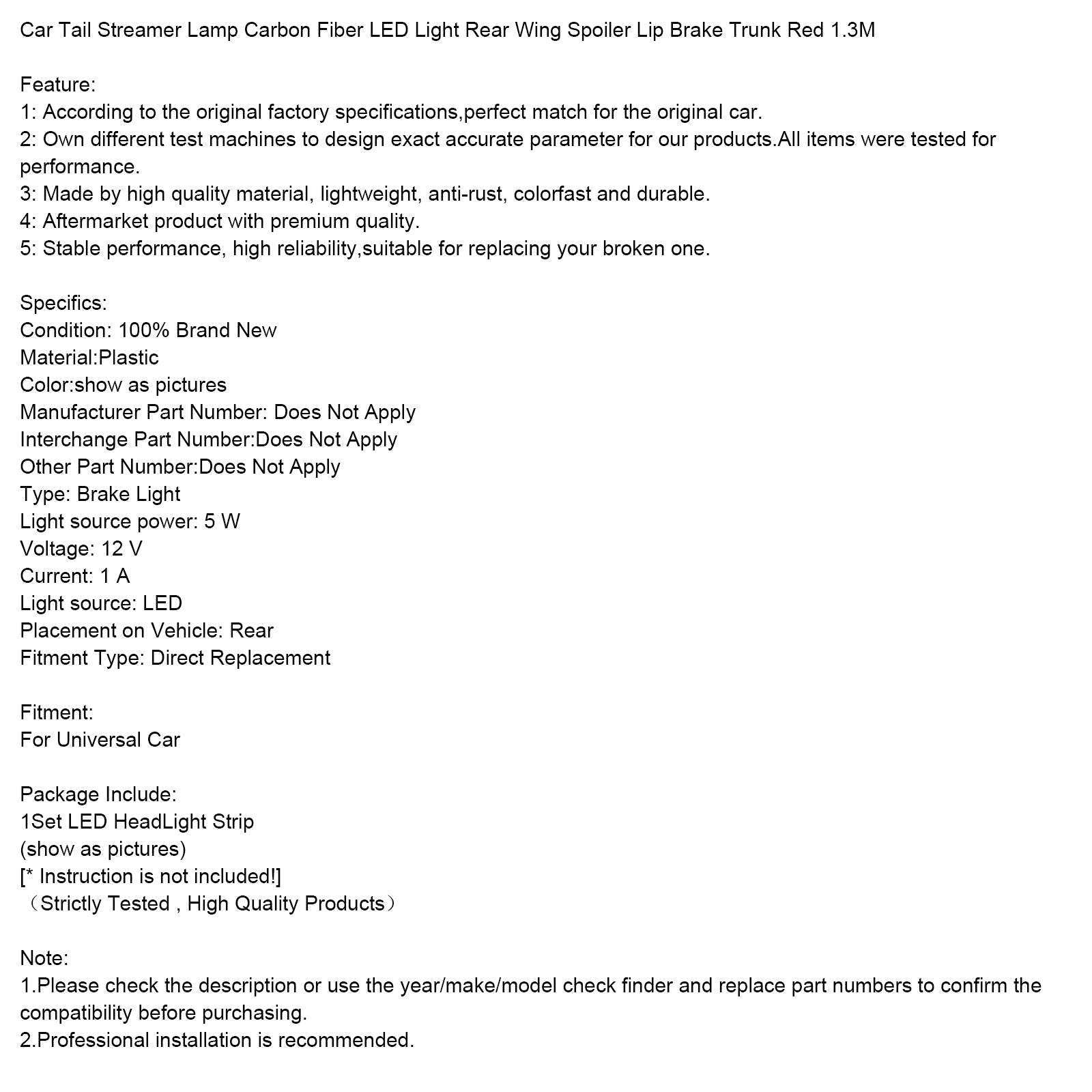 Fibra de carbono Luz posterior de carbono, fuego LED, alerón trasero, freno, pecho, rojo, 1.3 m