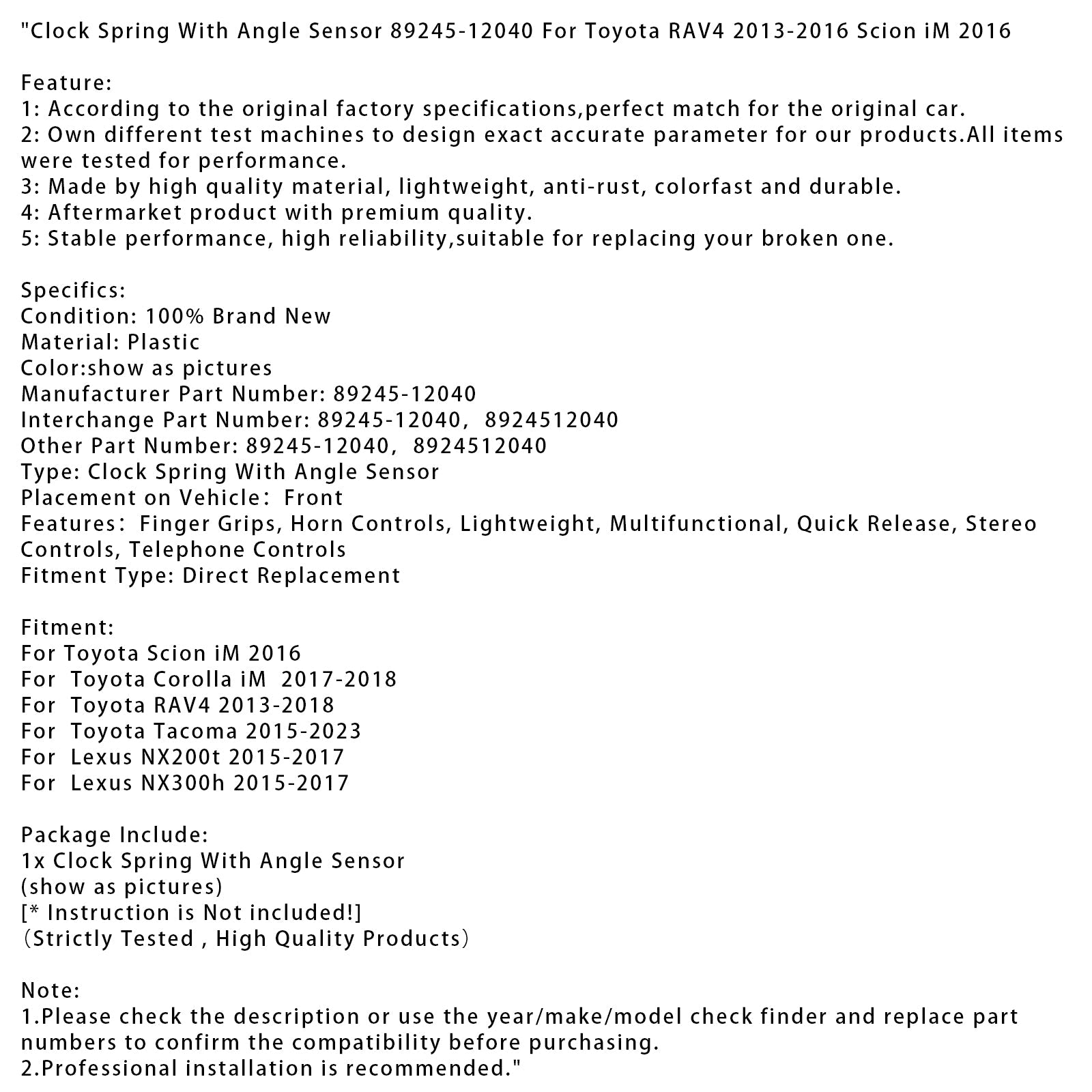 Resorte de retorno con sensor de ángulo 89245-12040 para Toyota RAV4 2013-2016