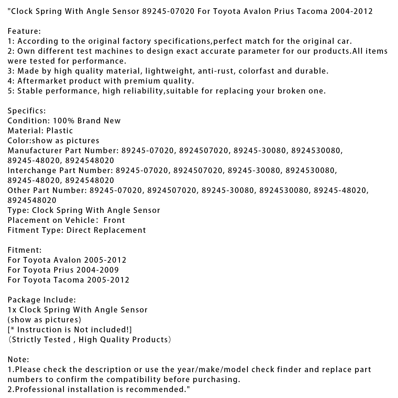 Terugkeerveer met hoeksensor 89245-07020 voor Toyota Avalon Prius Tacoma 04-12