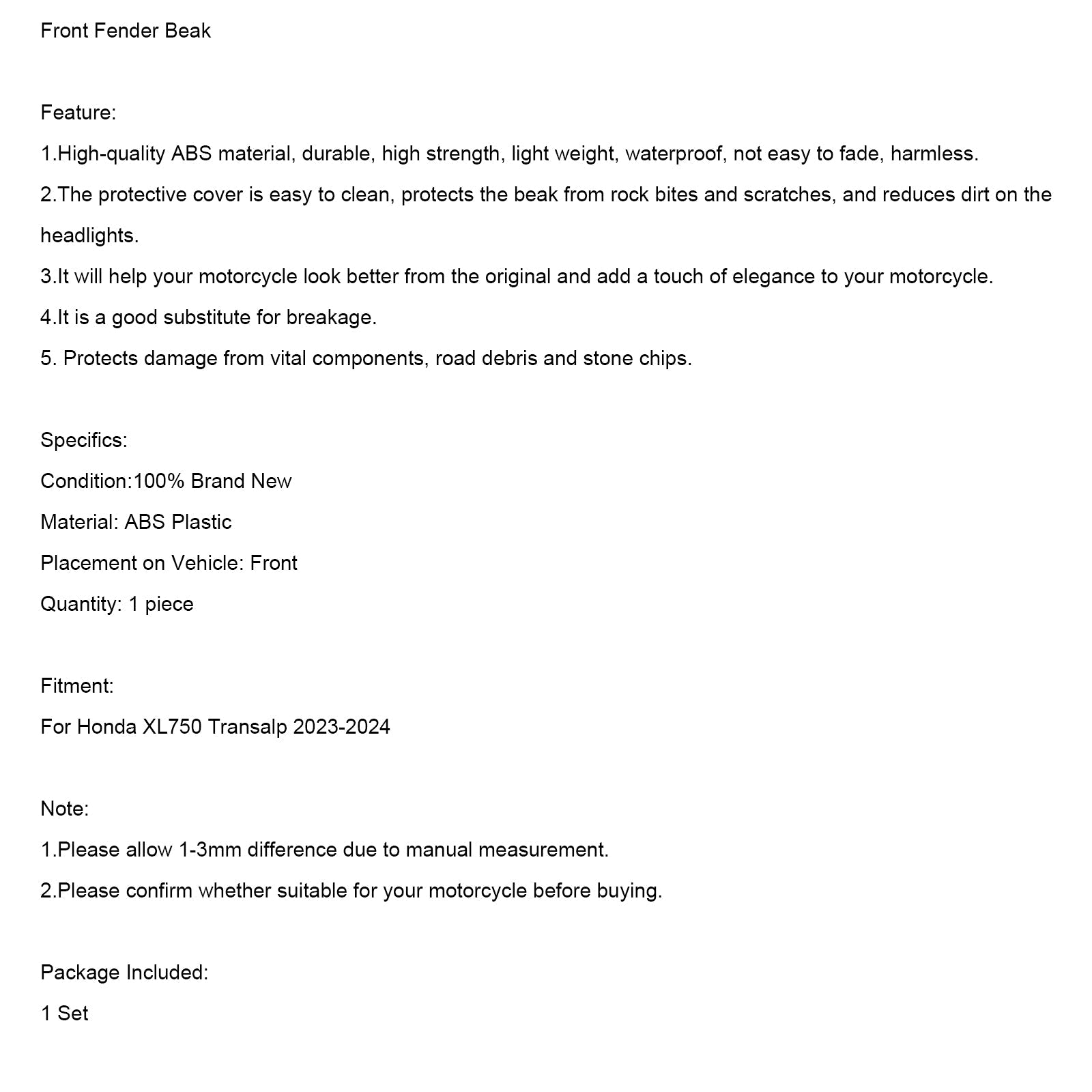 2023-2024 Honda XL750 Transalp Avant Pokrywa przedłużenia przedniego błotnika Spoilery