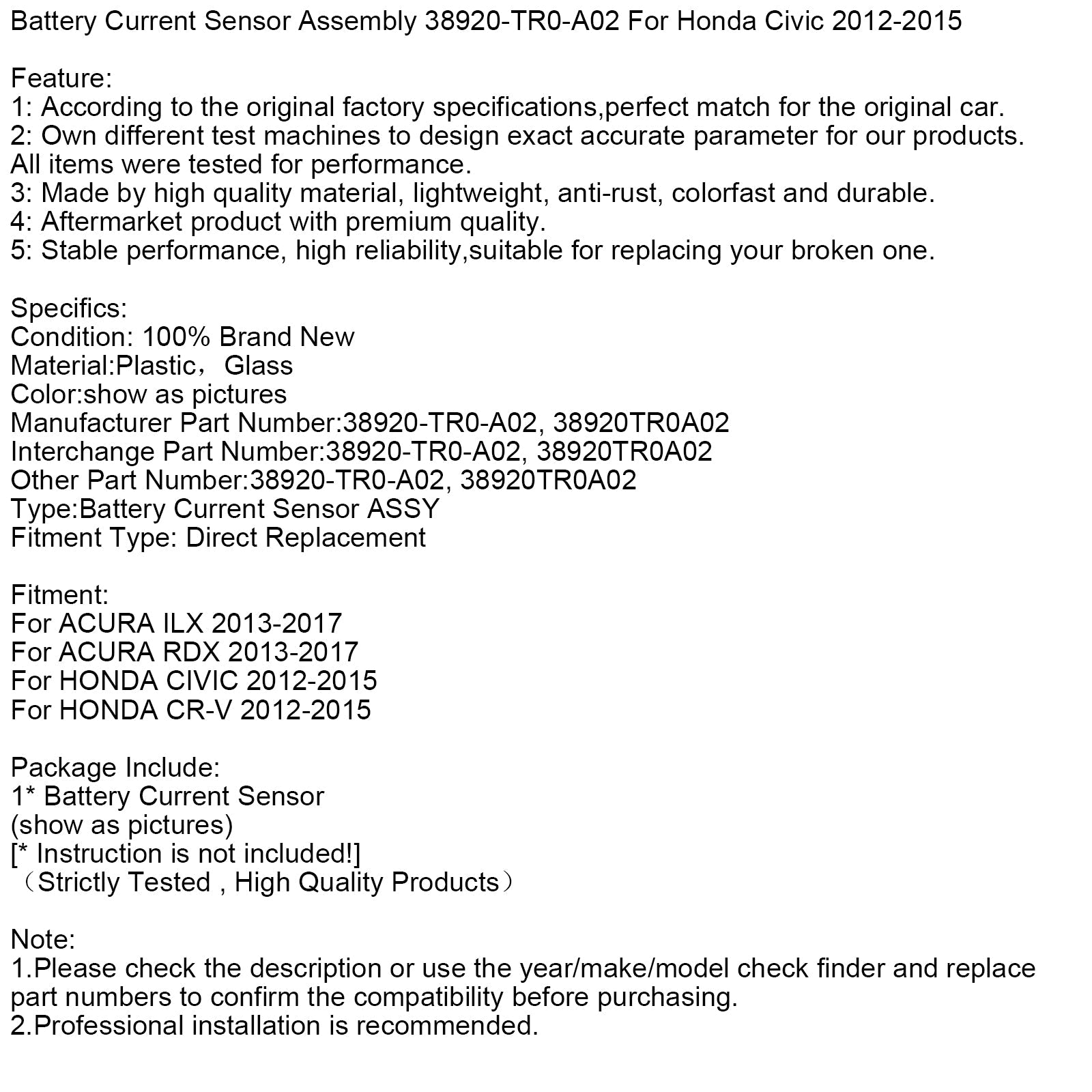 Capteur de courant de batterie 38920-TR0-A02 pour Honda Civic 2012-2015