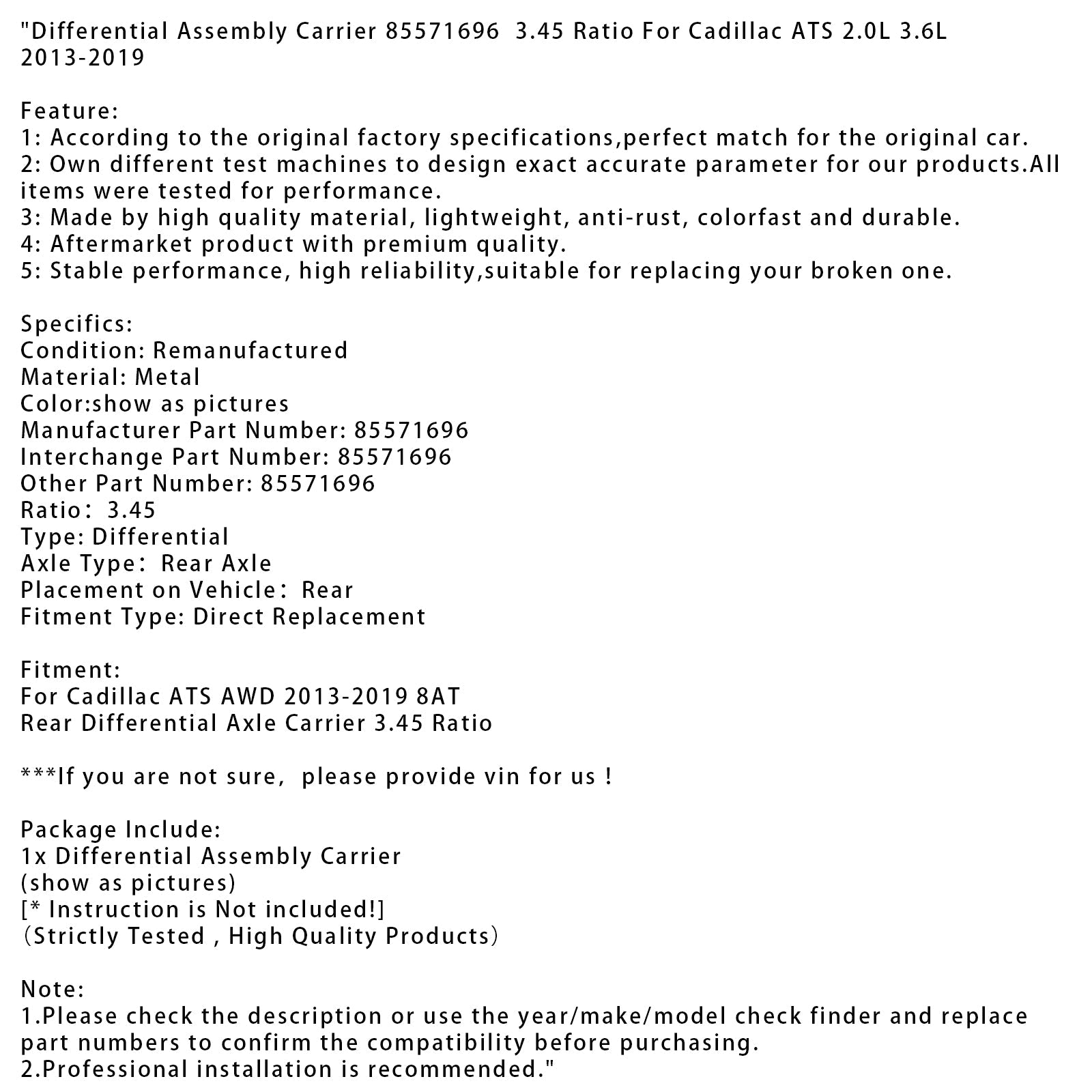Support de différentiel arrière 8AT pour Cadillac ATS AWD 2013-2019 (référence 85571696, rapport de pont 3,45)