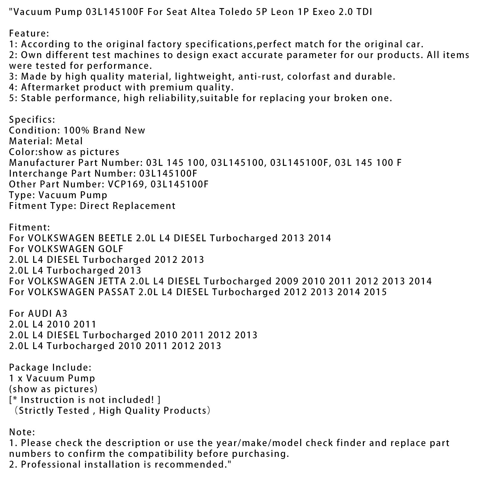 Vakuumska črpalka 03L145100F za sedež Altea Toledo 5P Leon 1P Exeo 2.0 TDI