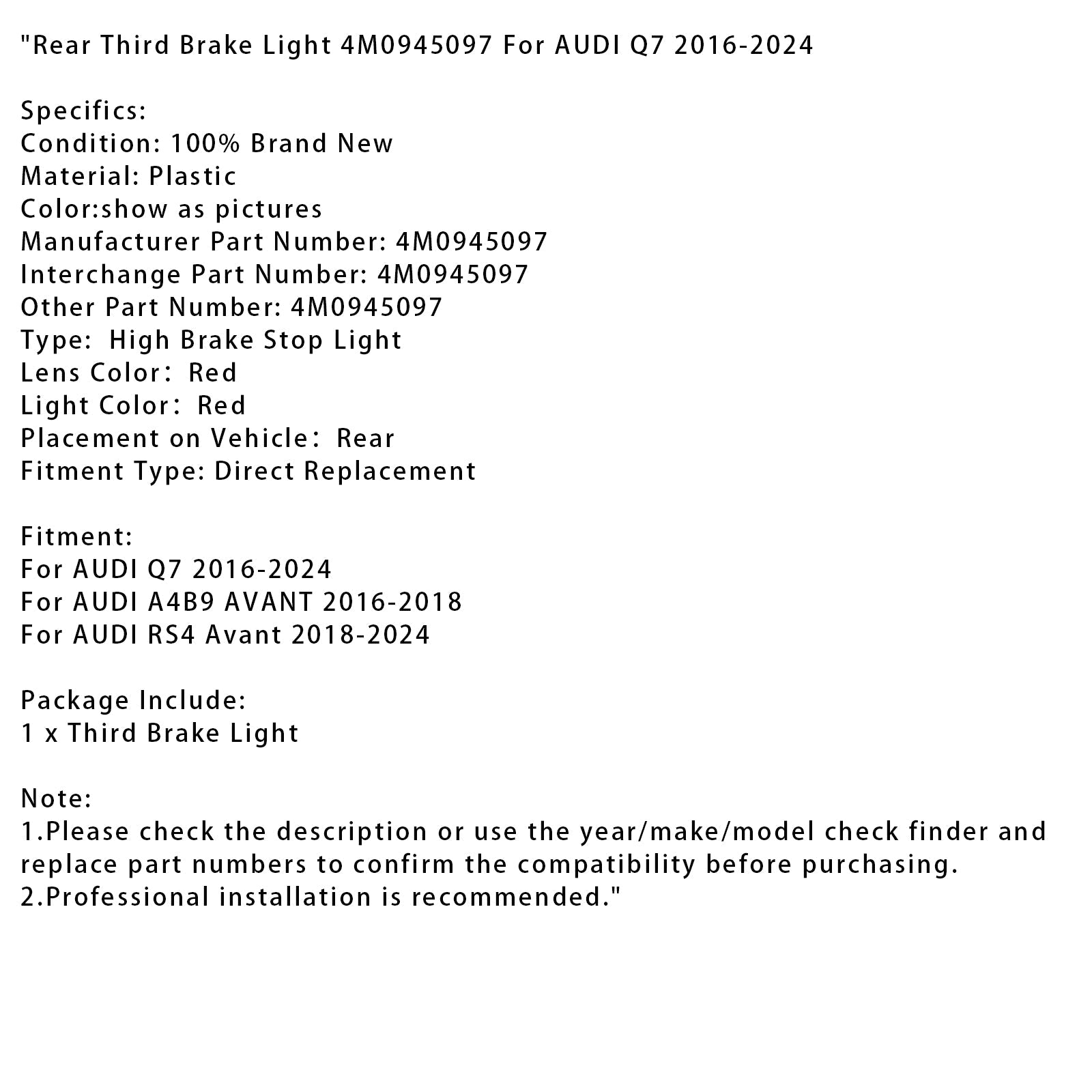 Troisième feu stop arrière 4M0945097 pour AUDI Q7 2016-2024