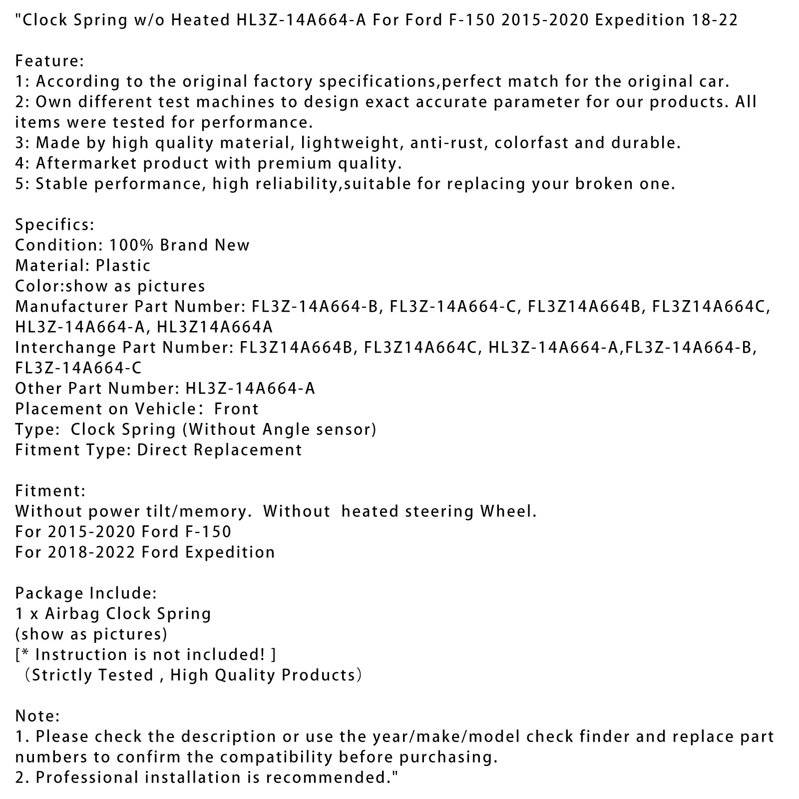 HL3Z14A664-A Clock Spring voor Ford F-150 2015-2020 Expeditie 18-22