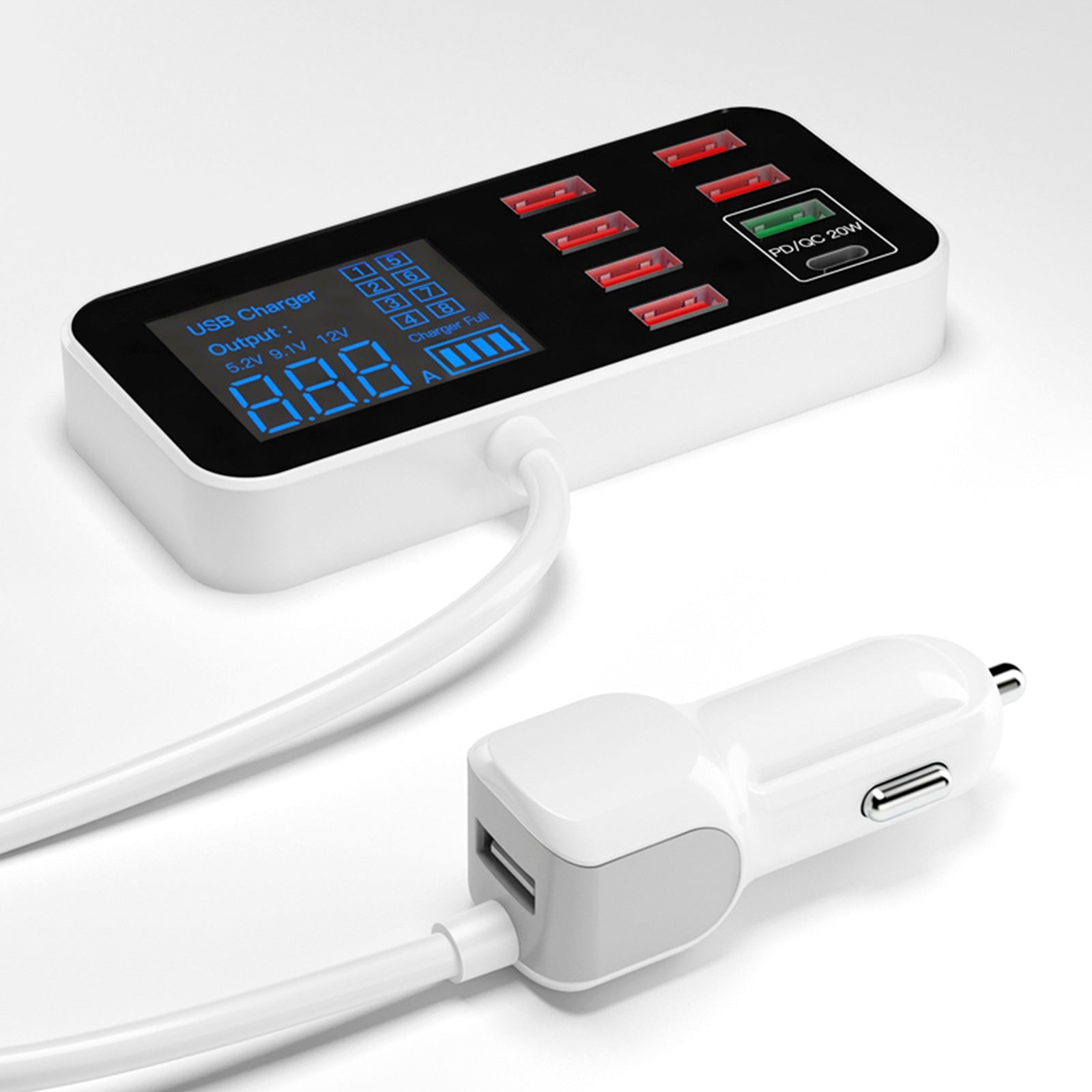 USB-laturi PD5V1A QC3.0 pienelle autolle, 8-porttinen näyttö, savukkeen sytytin