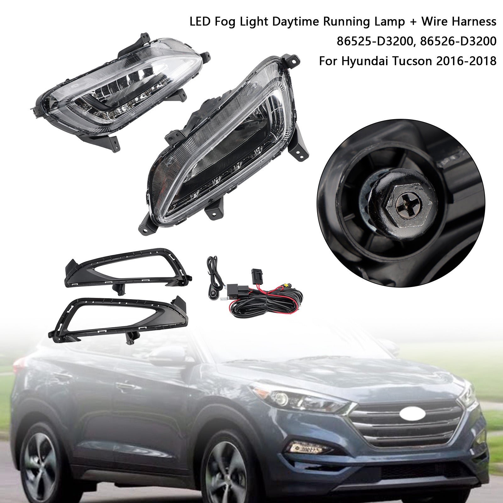 Feux antibrouillard avant à LED pour Hyundai Tucson 2016-2018 avec feux de jour 86525-D3200 5000K-7000K