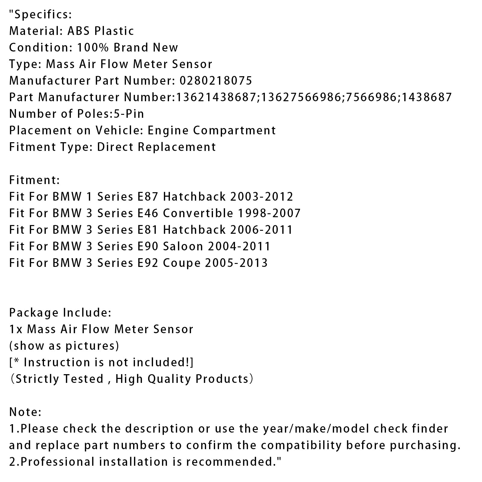 Senzor merilnika pretoka d'zračna masa za BMW E46 316i E81 E87 116i E90 E92 316i 0280218075