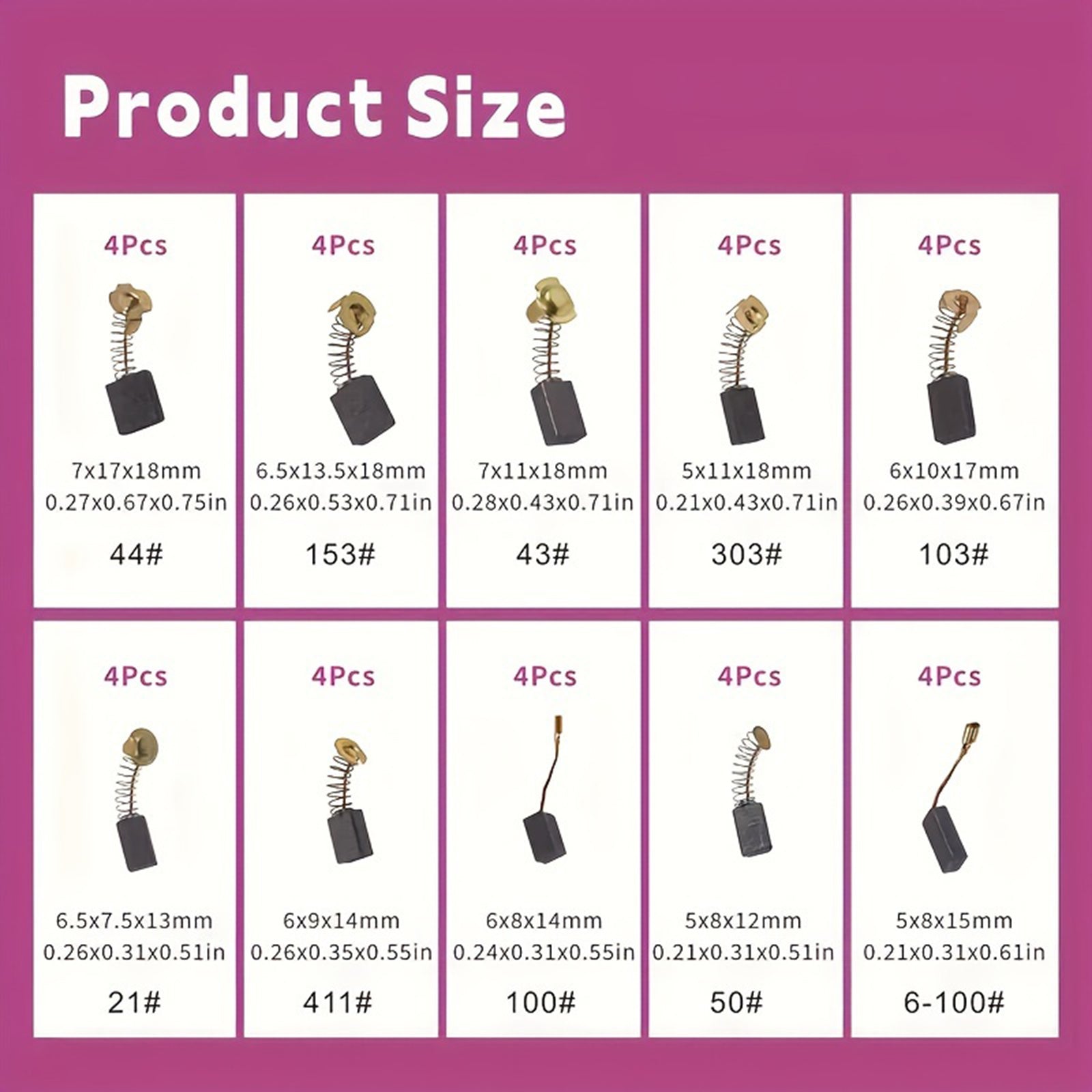 Lot de 40 balais de charbon pour moteur électrique, 10 tailles, pièce de rechange pour réparation d'outils électriques