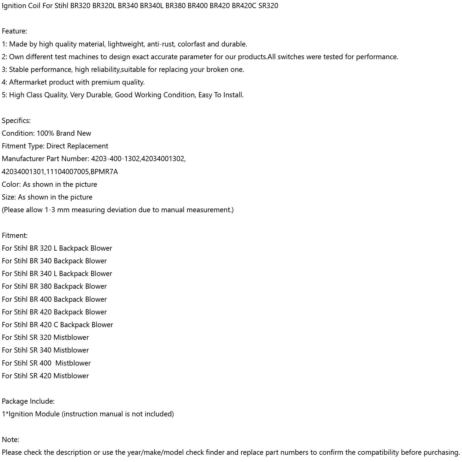 Bobine Allumage pour Stihl BR320 BR320L BR340 BR340L BR380 BR400 BR420 BR420C SR320