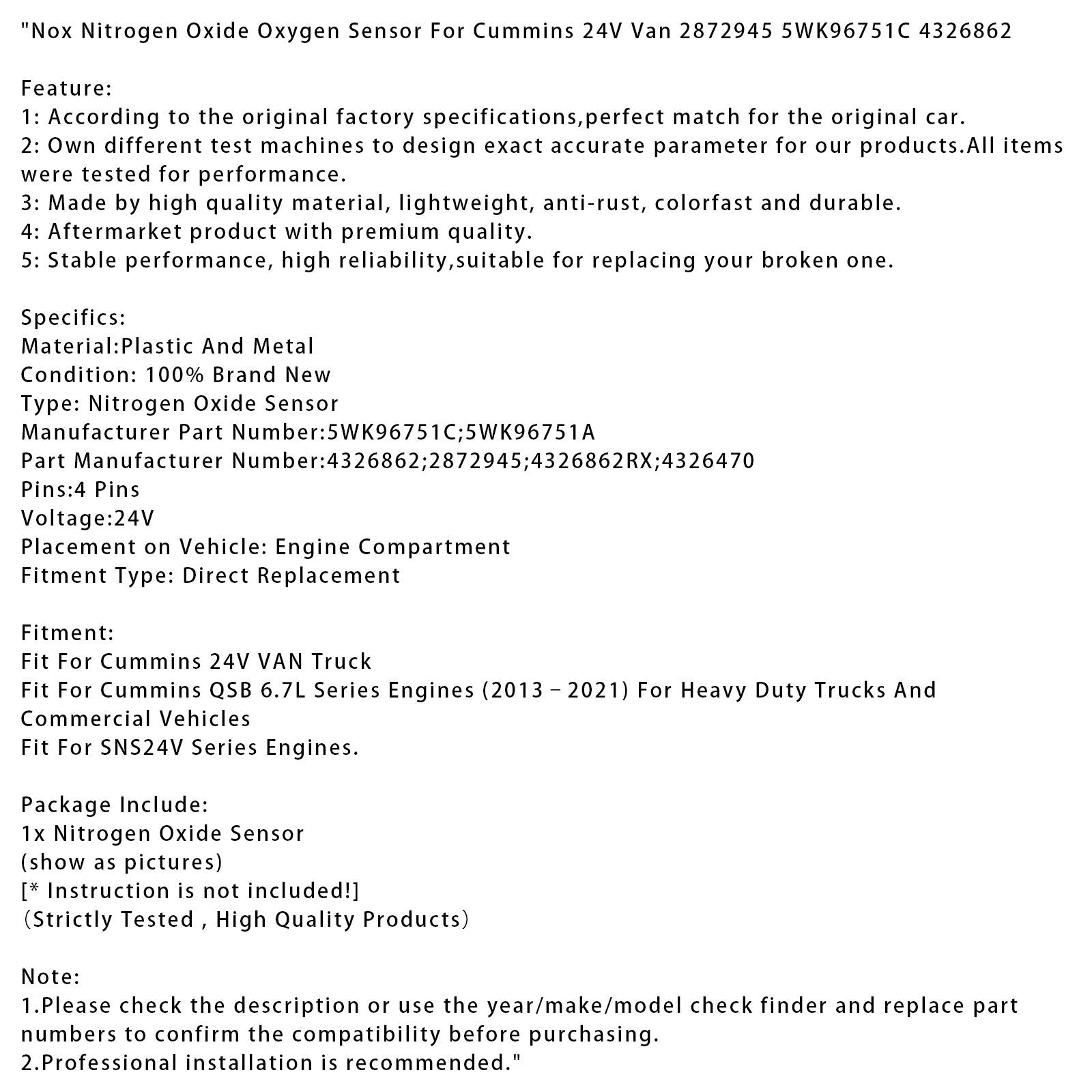 Senzor d&kisik in d'oksid'dušik Nox 2872945 5WK96751C 4326862 za motorje Cummins QSB 6.7L (2013–2021)