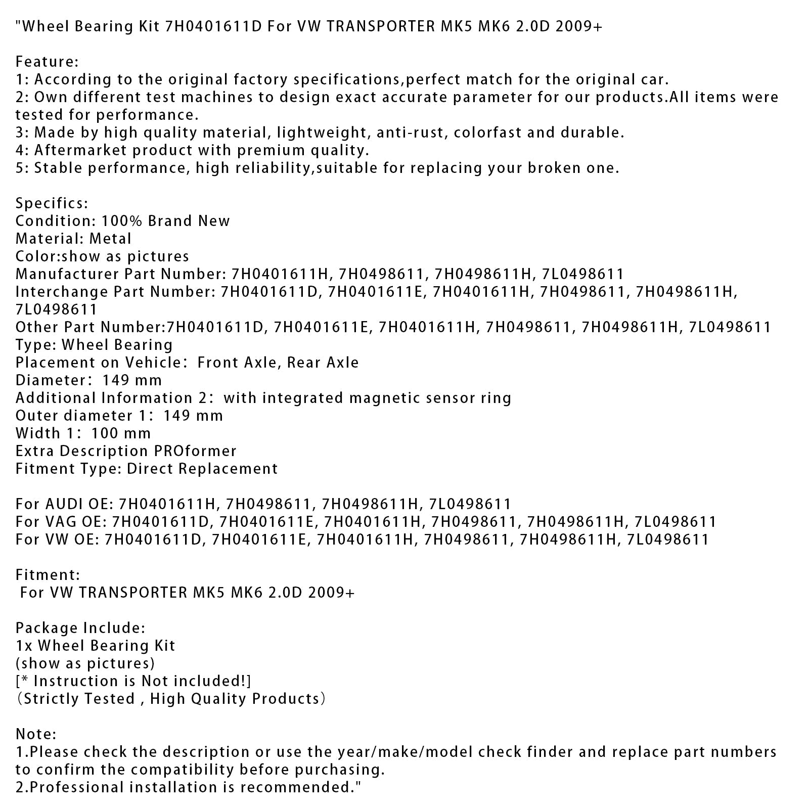 Komplet kolesnih ležajev za VW Transporter MK5 MK6 2.0D (od 2009) - Referenca : 7H0401611D