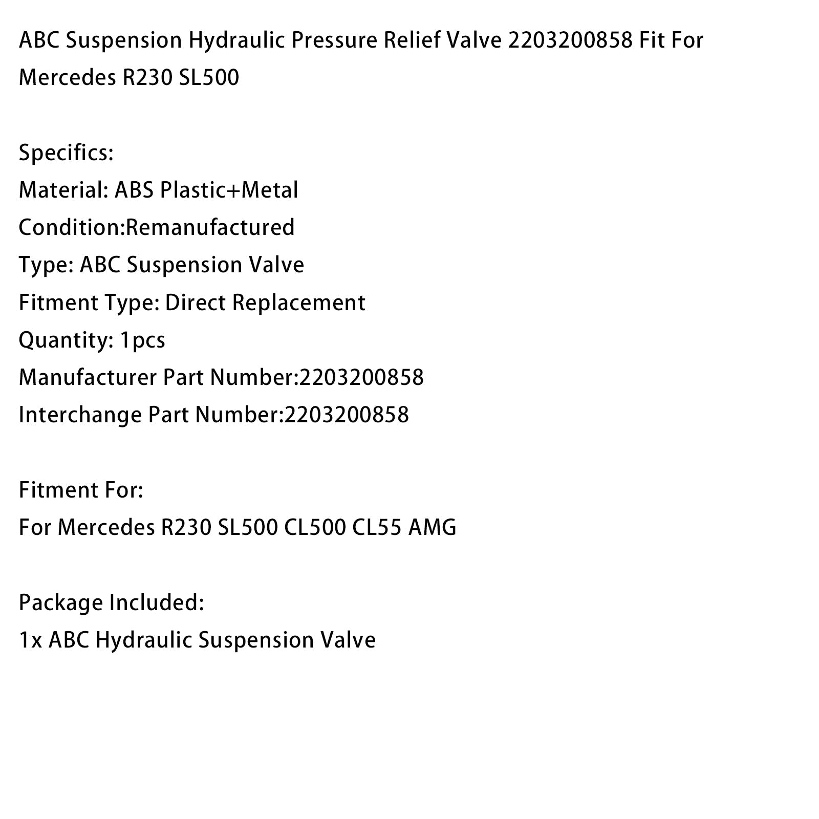 Soupape de décharge de pression hydraulique de suspension Mercedes R230 SL500 CL500 CL55 AMG ABC 2203200858