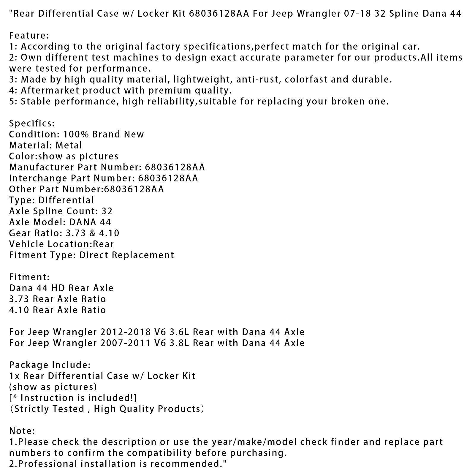 Jeep Wrangler V6 3.8 L 2007-2011 z Dana 44 Zadnji diferencialni in zaklepni komplet 68036128AA