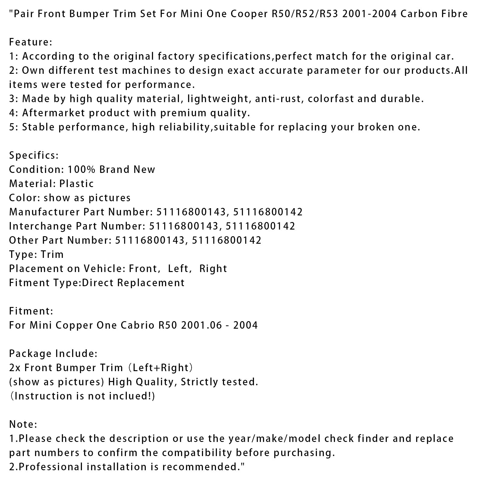 Paire de garnitures de pare-chocs avant en fibre de carbone pour Mini One Cooper R50/R52/R53 (2001-2004)