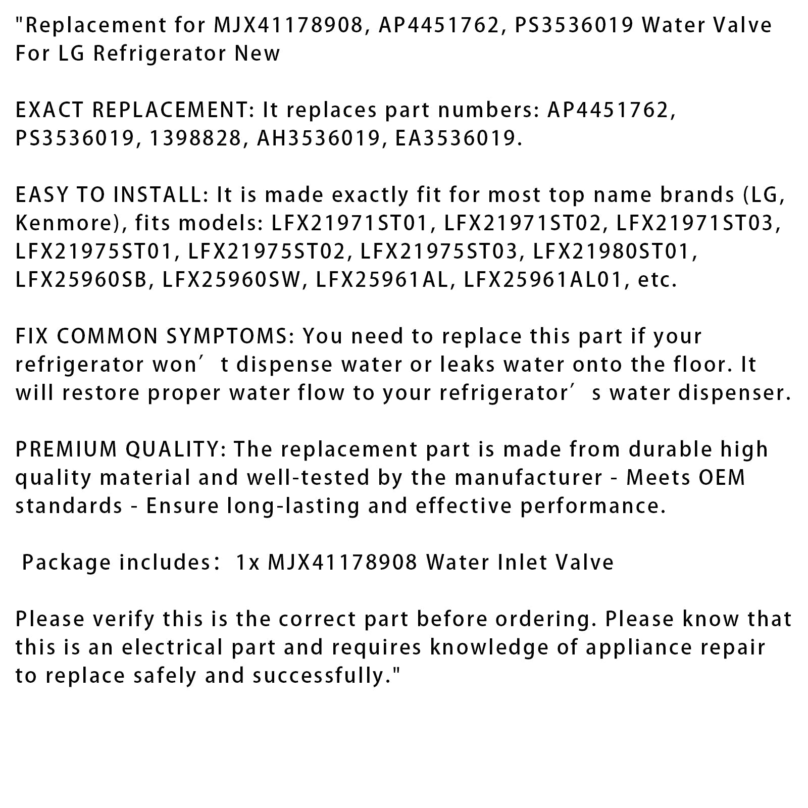 Vanne d'eau de remplacement pour réfrigérateur LG MJX41178908 PS3536019 AP4451762