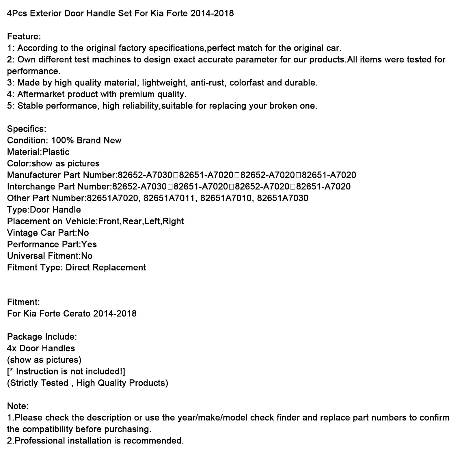 Zestaw 4 klamek zewnętrznych do Kia Forte Cerato (2014-2018)