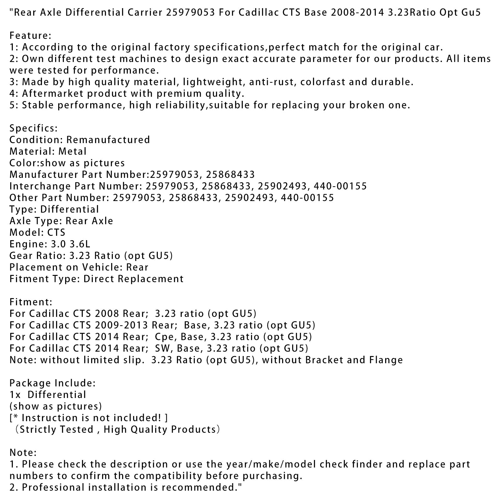 Support de différentiel d'essieu arrière Cadillac CTS 2008, rapport 3,23 (option GU5), 25979053, 25868433, 440-00155