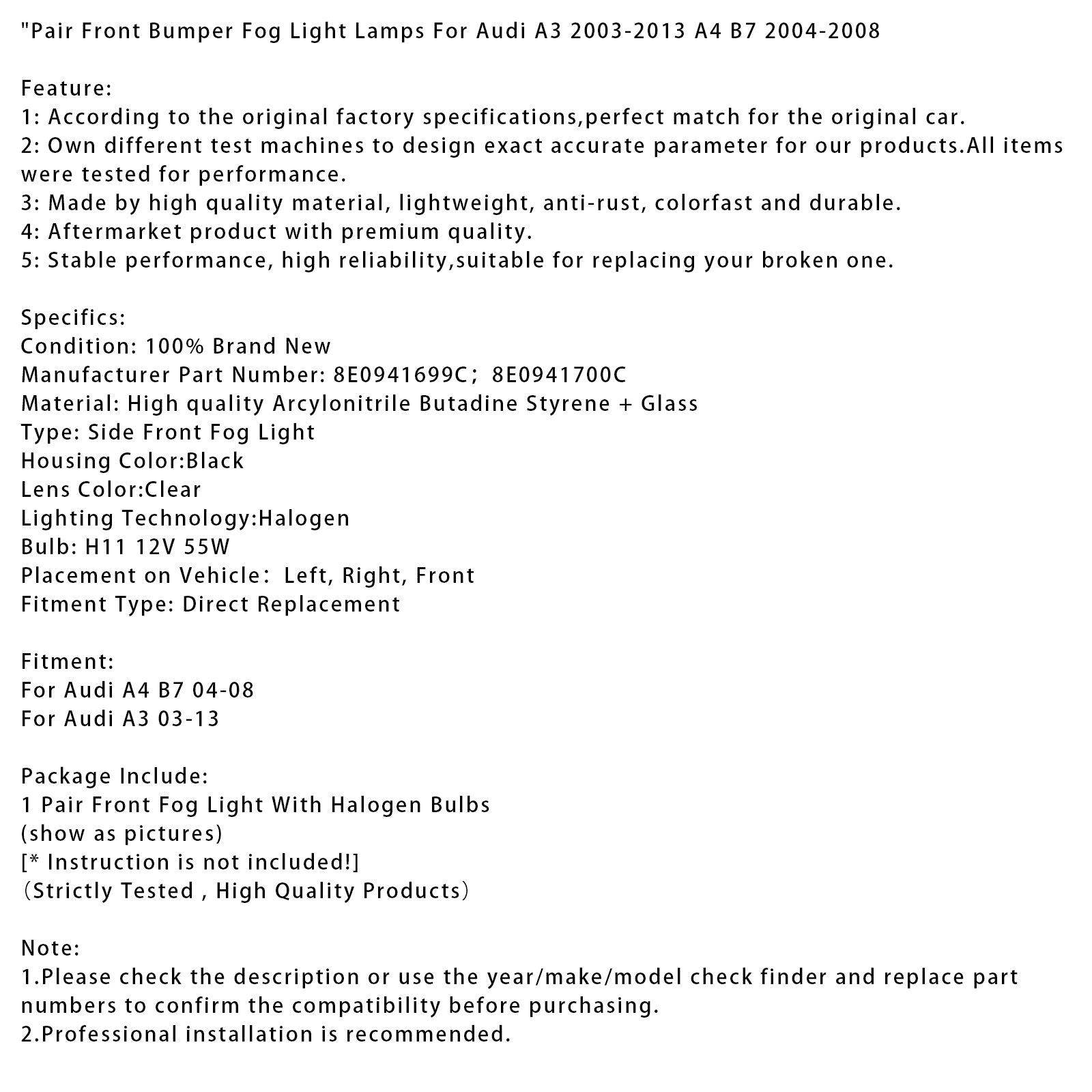 Par de luces antiniebla delantera antes de Audi A3 2003-2013 y A4 B7 2004-2008