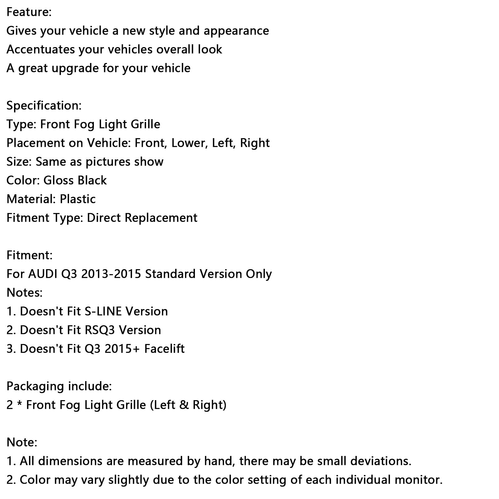 Caches de phares antibrouillard avant style nid d'abeille pour Audi Q3 RSQ3 2013-2015, noir brillant
