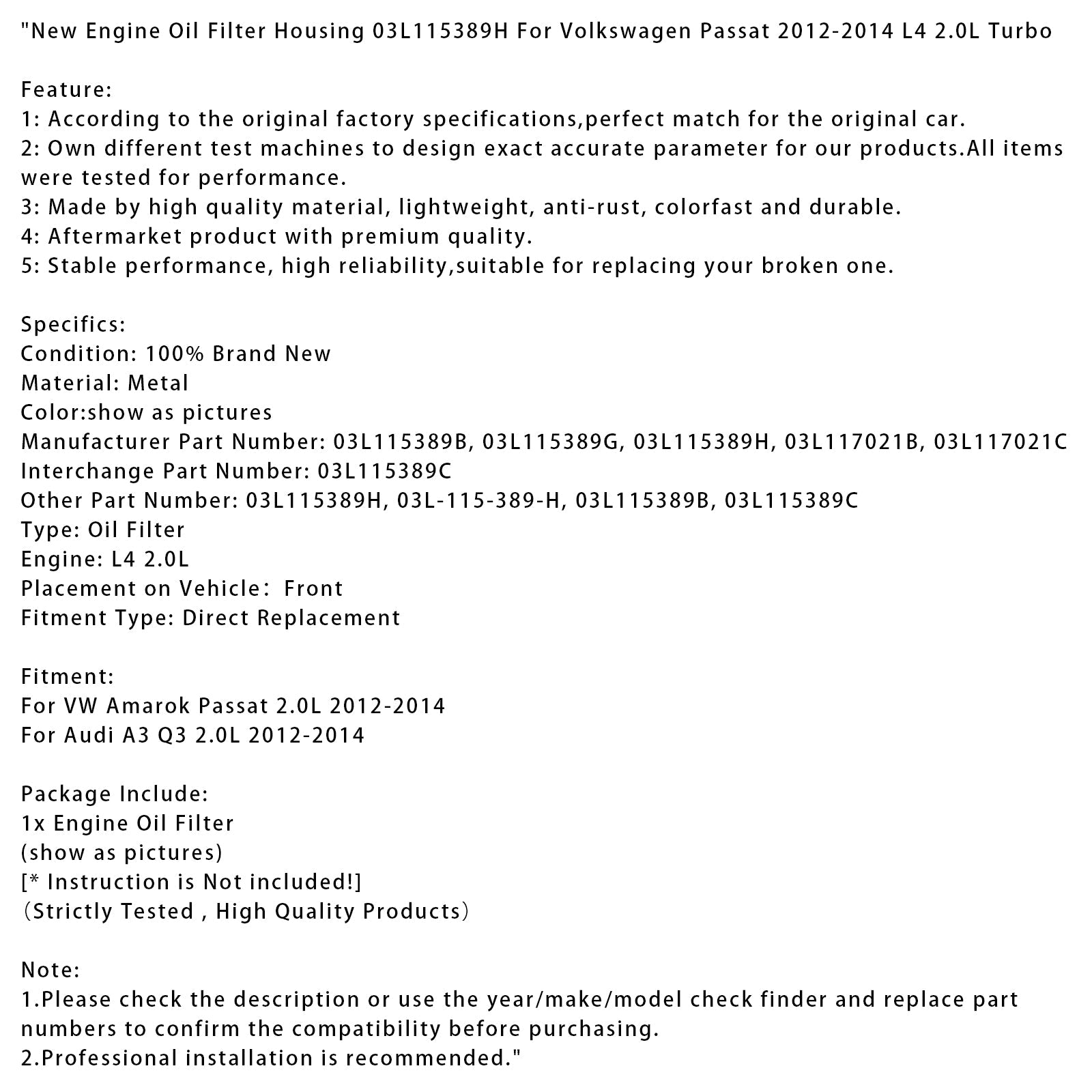 Nueva carcasa del filtro de aceite del motor para VW Amarok Passat 2.0L (2012-2014) - Números de pieza :03L115389B y 03L115389C