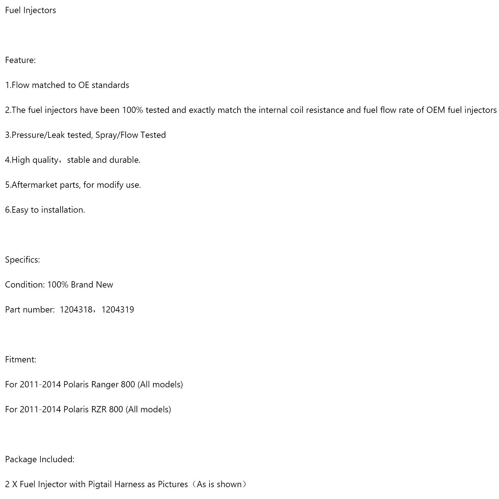 Polaris RZR 800 2011-2014 Arnés de inyector de combustible (PAR) 1204318 1204319