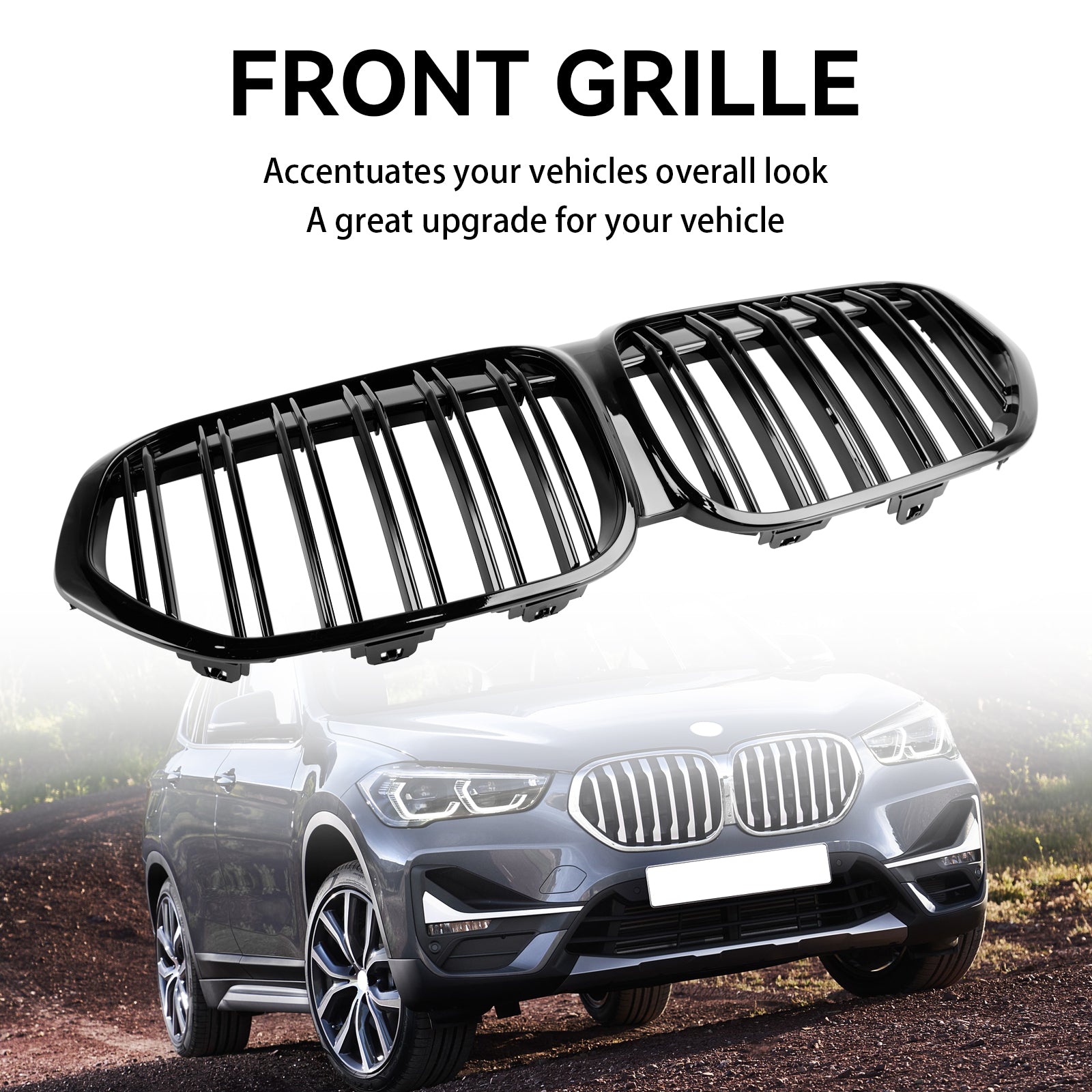 Gloss Black Front Nier Grill Grill voor BMW X1 F48 F49 2019-2021 Dubbele lat