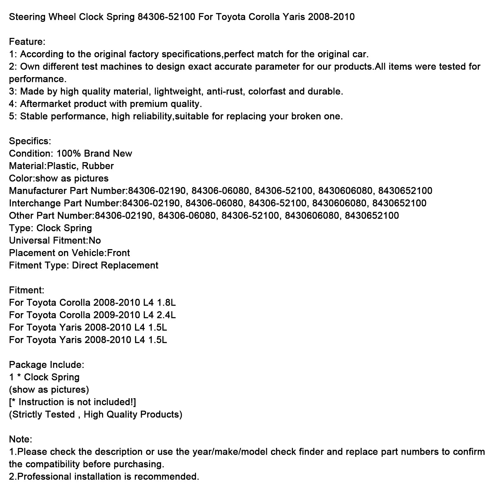 Ressort de volant 84306-52100 pour Toyota Corolla Yaris 2008-2010