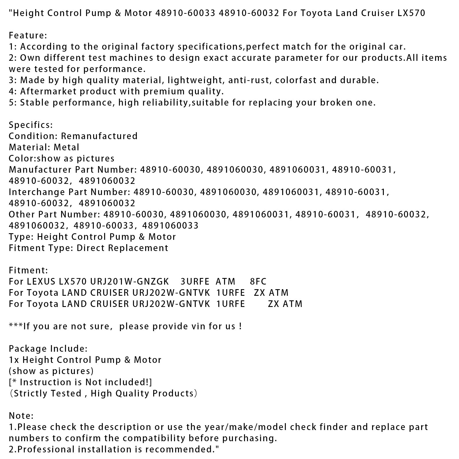 Hoogteregelingspomp en motor 48910-60033 48910-60032 voor Toyota Land Cruiser