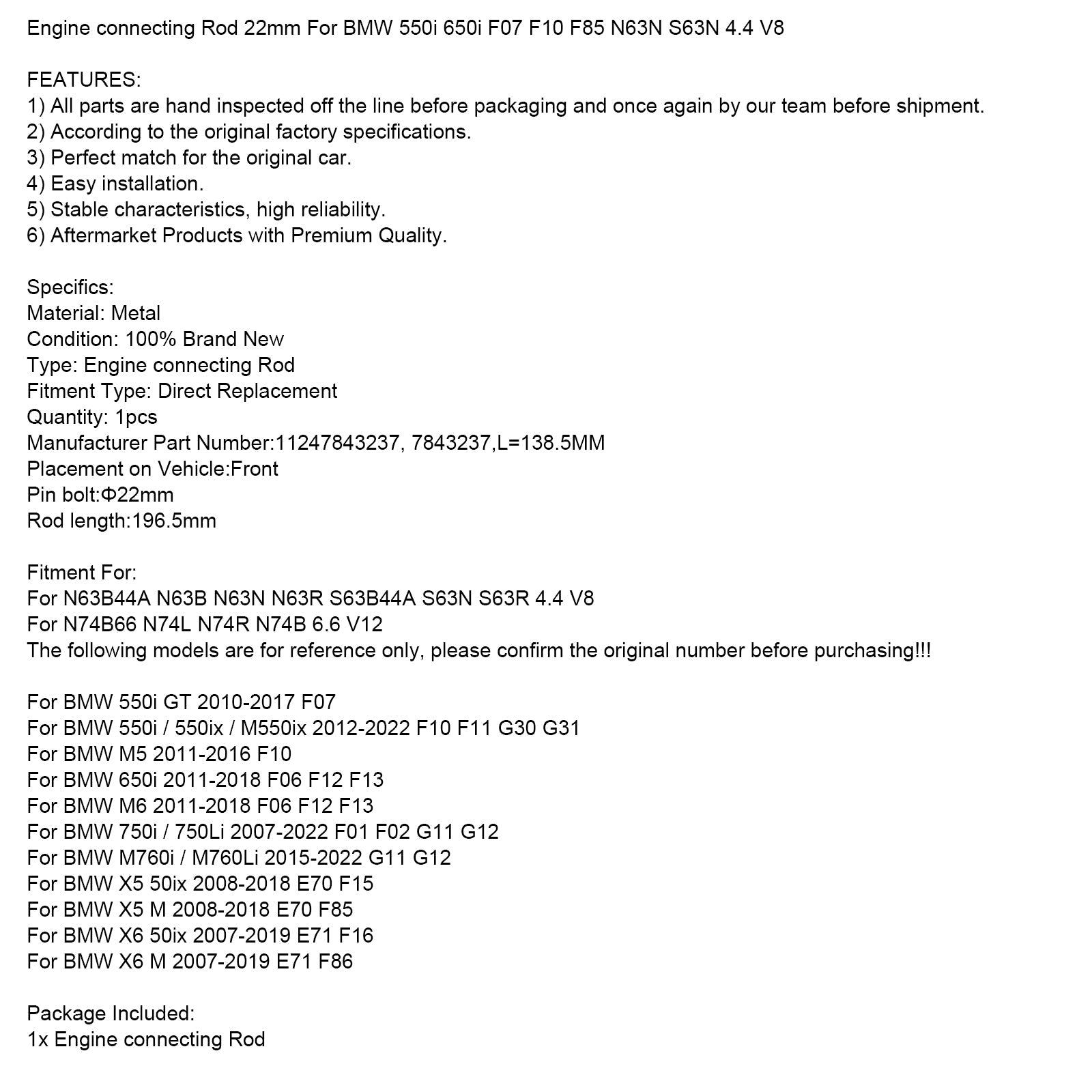 Bielle de moteur 22 mm pour BMW 550i 650i F07 F10 F85 N63N S63N 4.4 V8