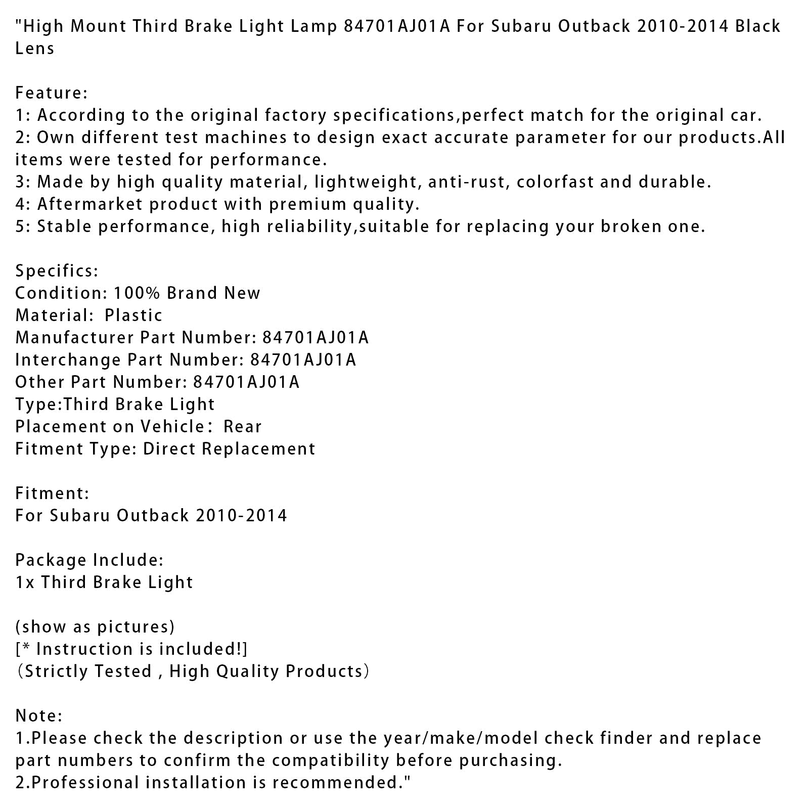 Tercera parada de incendio planteada para Subaru Outback 2010-2014 84701AJ01A BLK