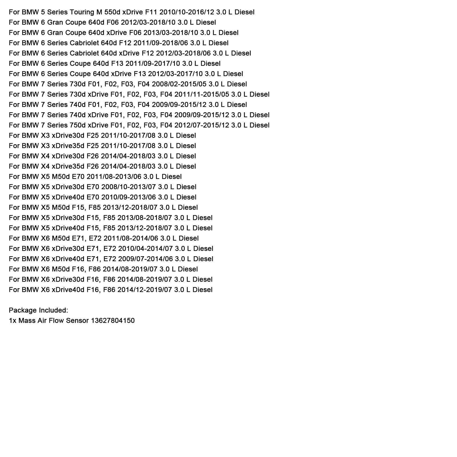 Sensore misuratore di portata d'aria 13627804150 per BMW Serie 3, 4, 5, 6, 7, X3, X5, X6