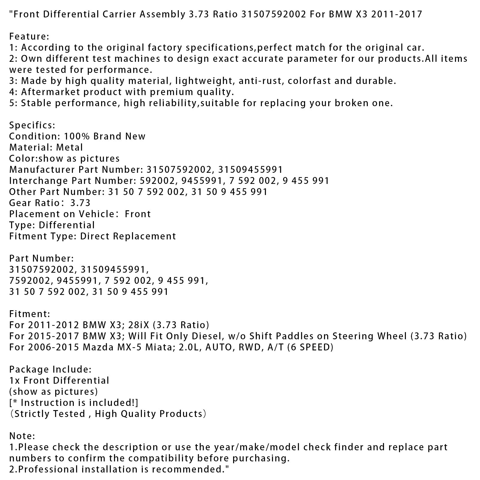 Support de différentiel avant pour BMW X3 2015-2017, rapport 3,73, référence 31507592002