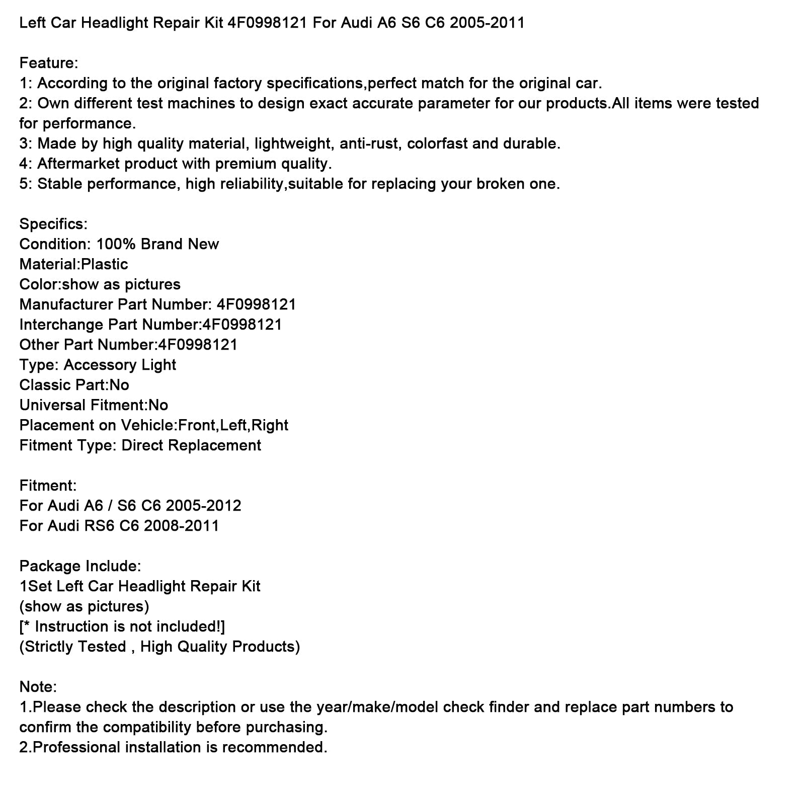 Reparatieset linkerkoplamp 4F0998121 voor Audi A6 S6 C6 2005-2011