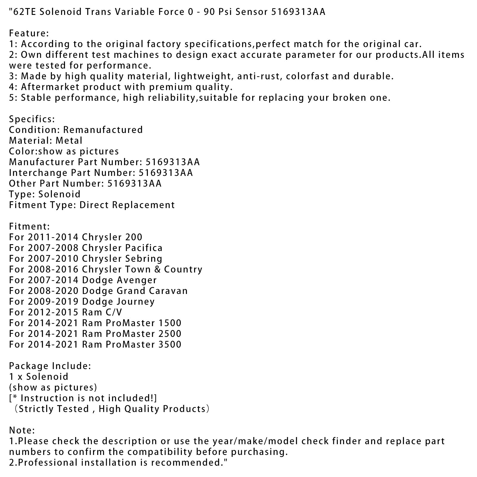 Muuttuva voima-anturi 0-90 PSI solenoidi siirto-RAM-prometerille 3500 62TE 2014-2021 5169313AAA