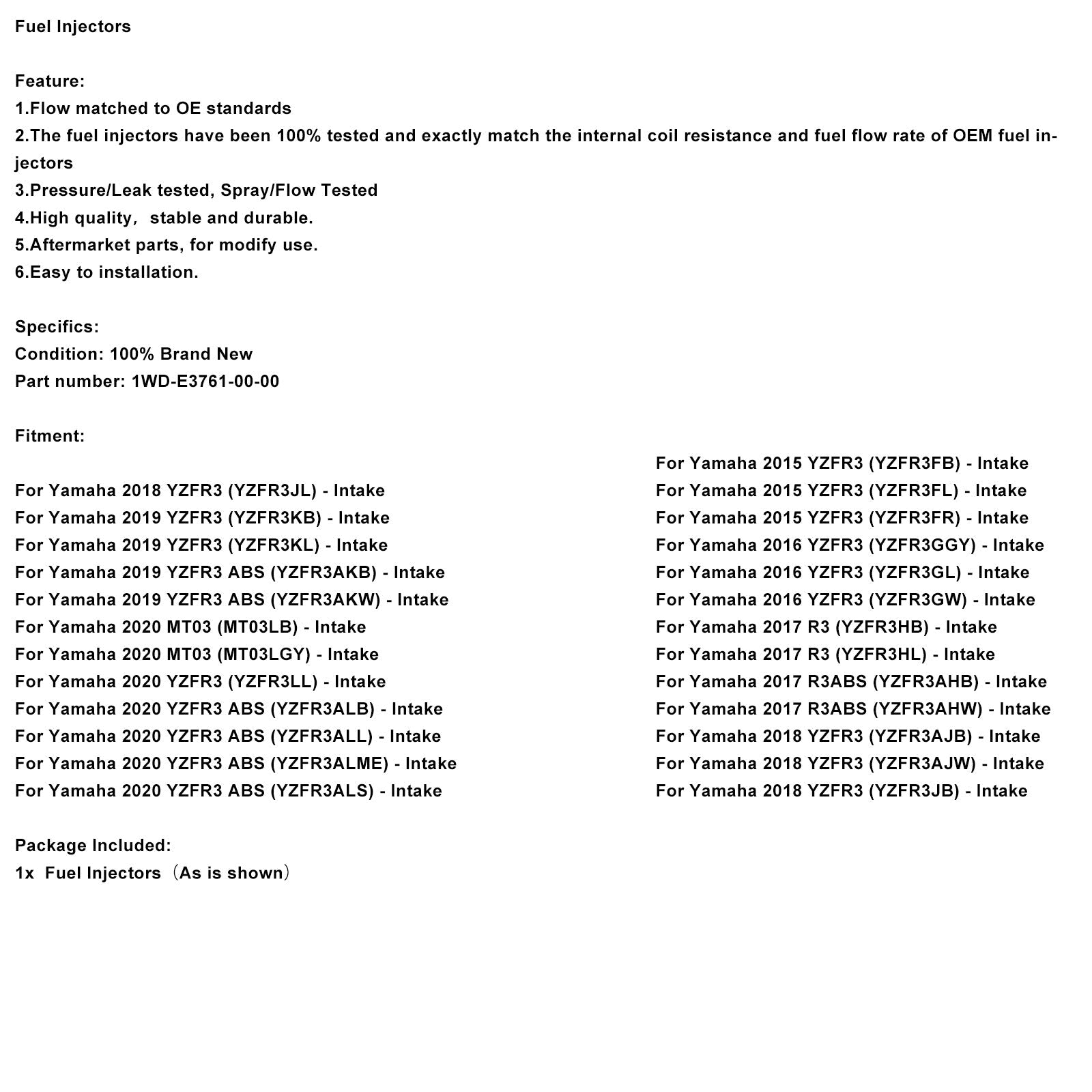 Inyectores de combustible 1WD-E3761-00-00 para Yamaha YZF-R3 2015-2022