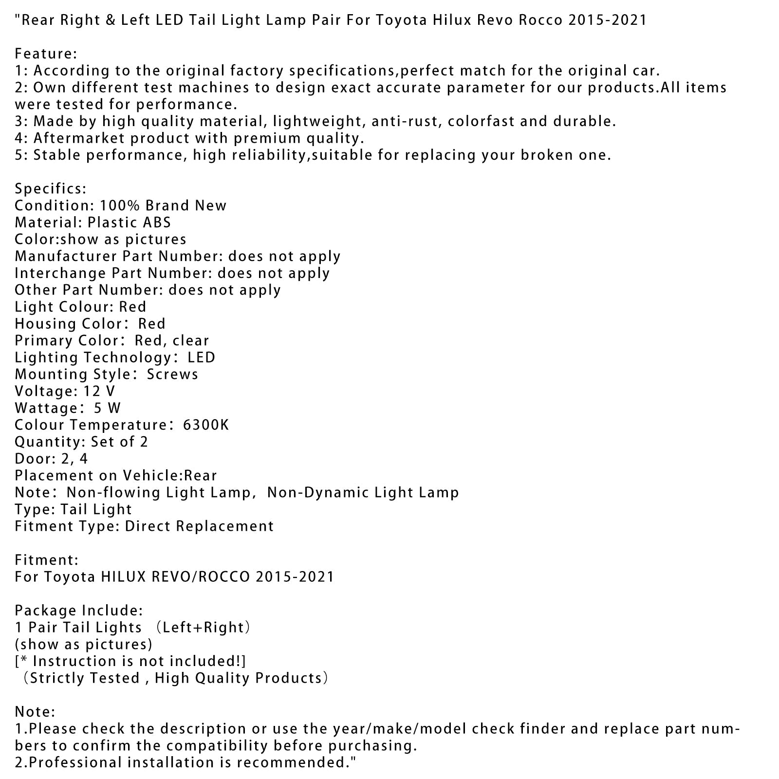 Un par de luces traseras con la parte trasera derecha e izquierda para Toyota Hilux Revo Rocco 2015-2021