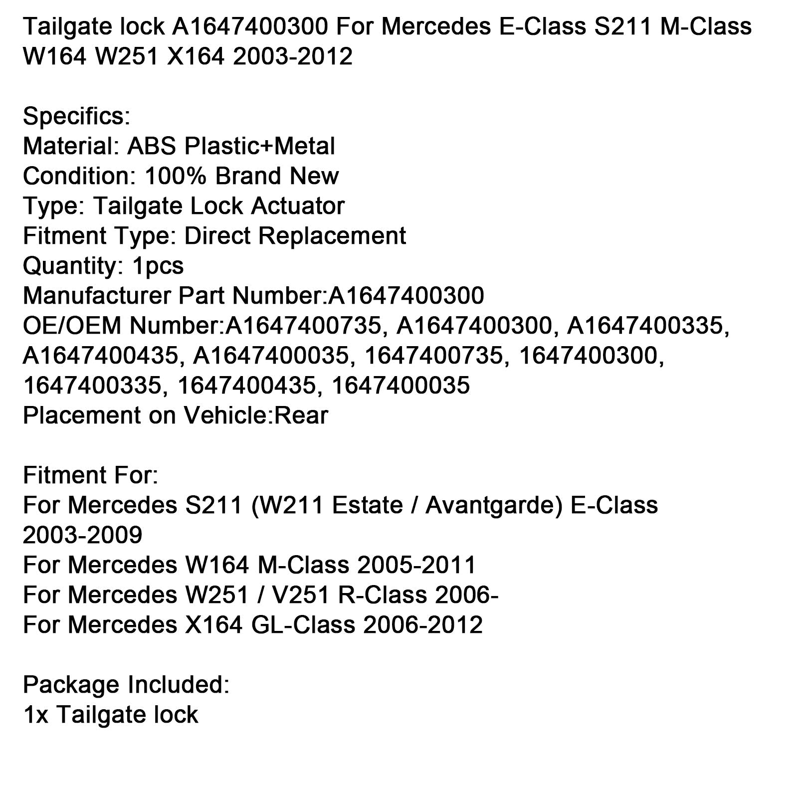 Ključavnica prtljažnih vrat A1647400300 za Mercedes razreda E S211 razreda M W164 W251 X164 2003–2012