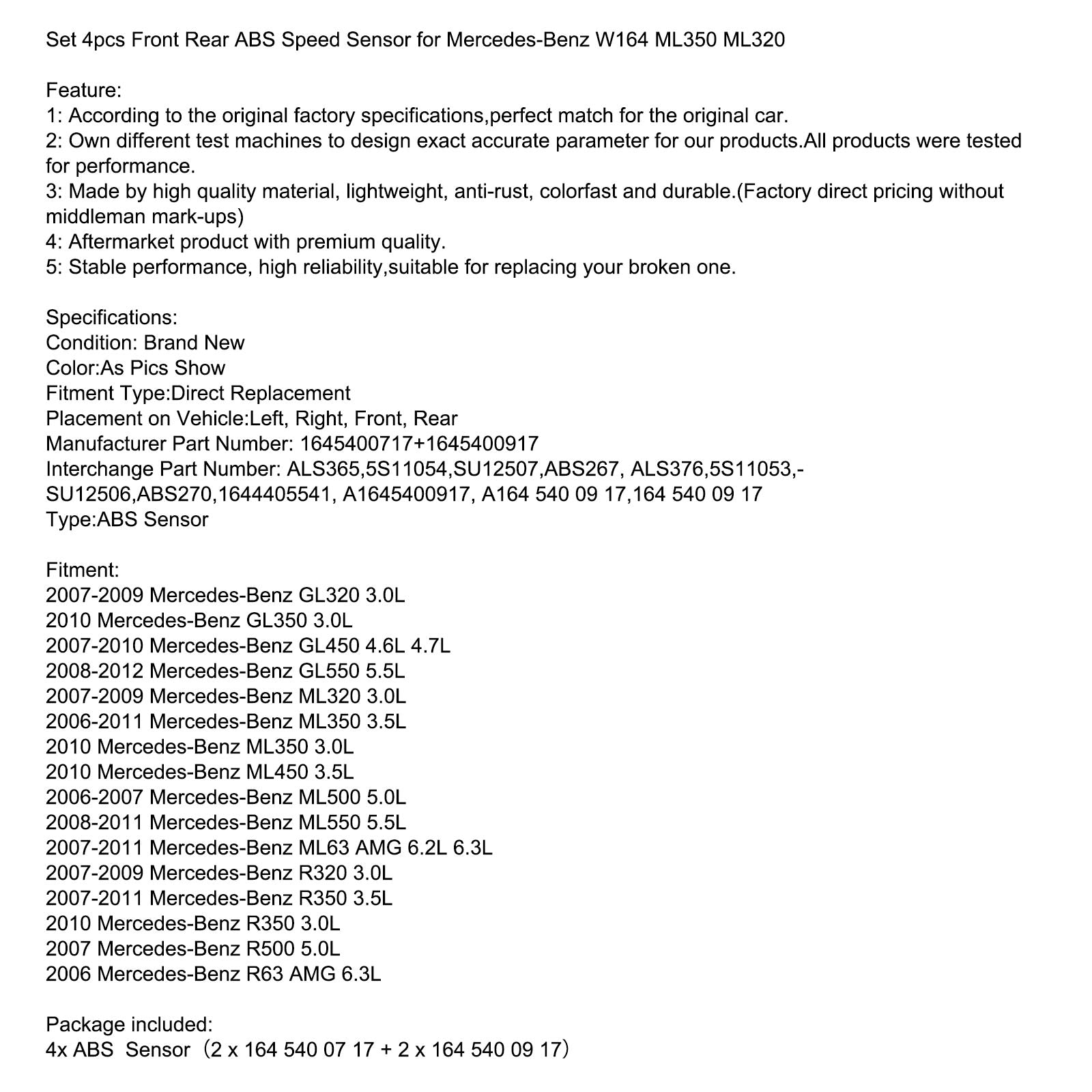 ABS senzor 4Pcs spredaj zadaj levo desno za 2008-2011 Mercedes-Benz ML550 5.5L A1645400917 A1645400717