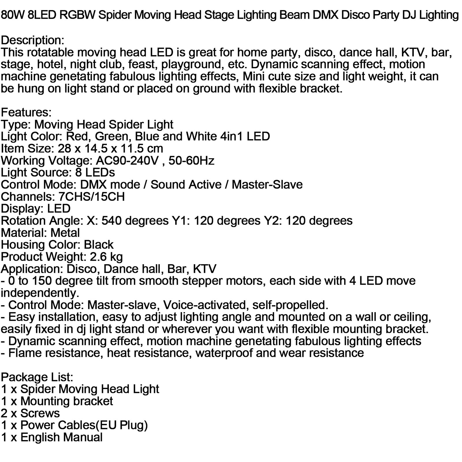 80W 8LED RGBW Spider Moving Head Stage valokeila DMX Disco Party DJ Valo