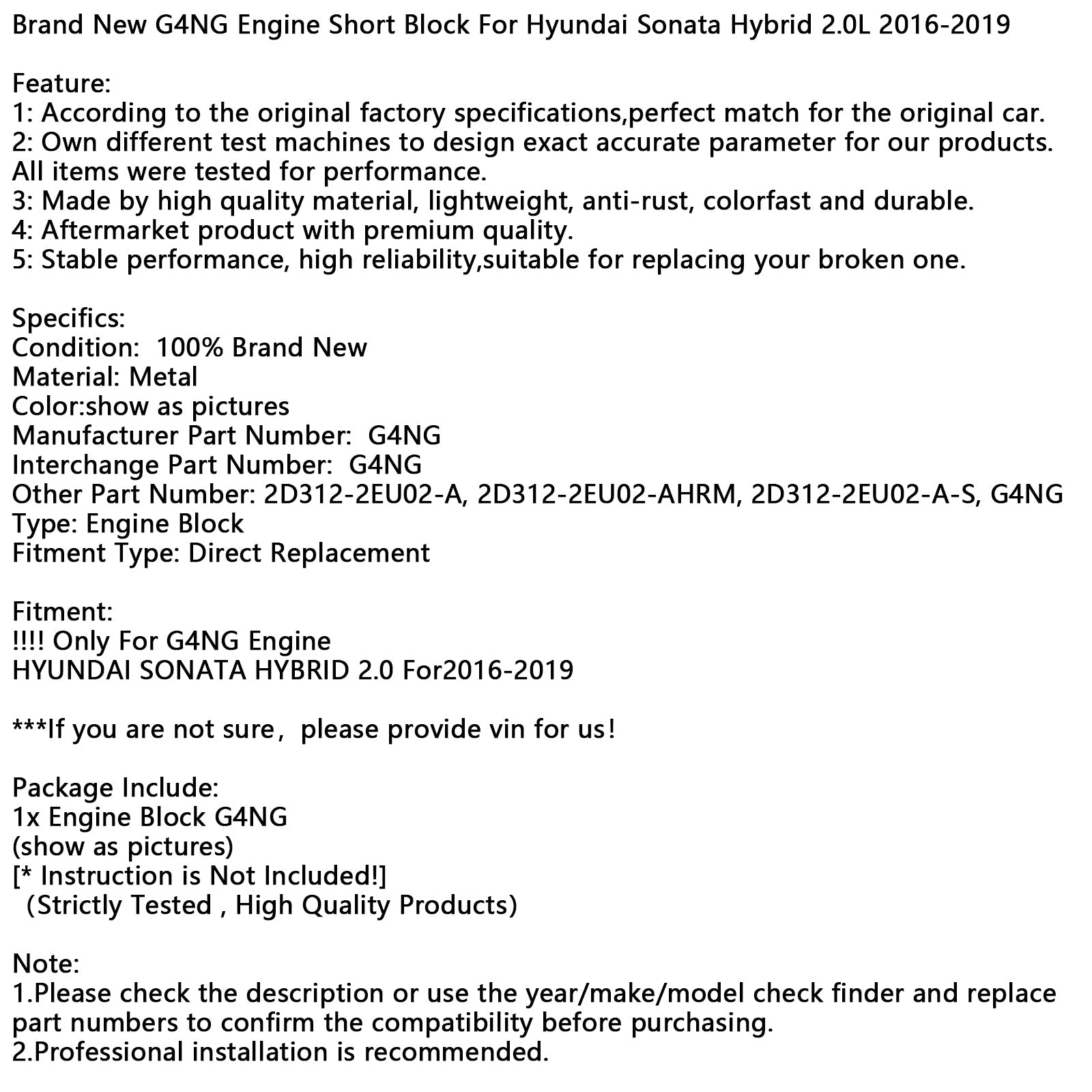 Nuovo blocco motore G4NG per Hyundai Sonata Hybrid 2.0L 2016-2019