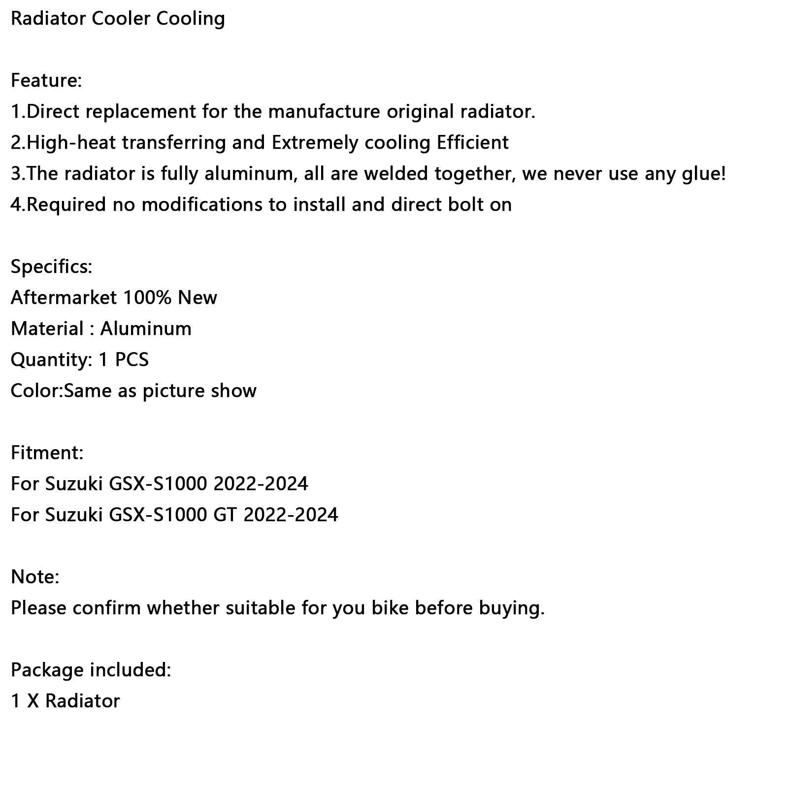 Radiateur de refroidissement moteur pour Suzuki GSX-S1000/GT 2022-2024