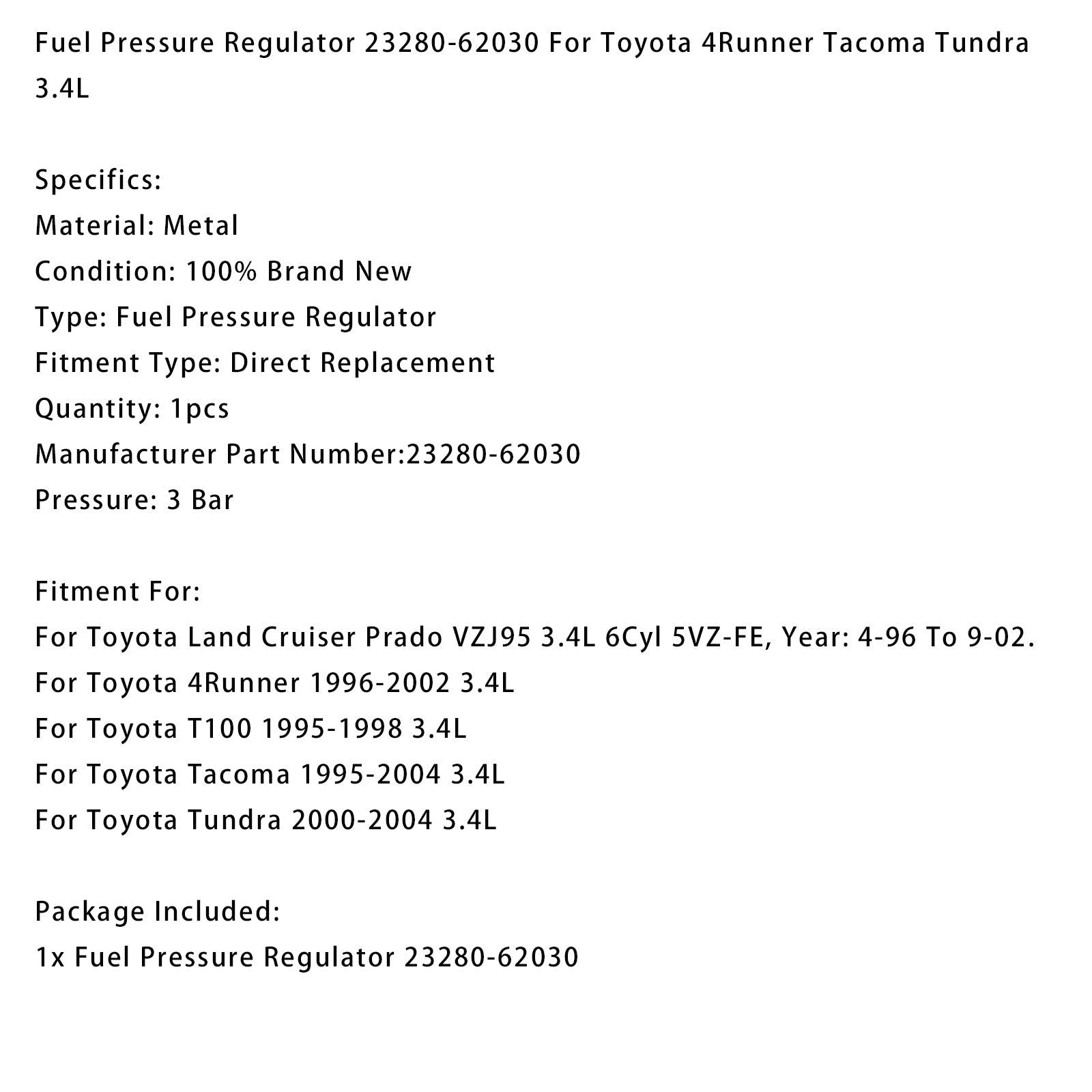 Brandstofdrukregelaar 23280-62030 voor Toyota 4Runner, Tacoma en Tundra 3.4L